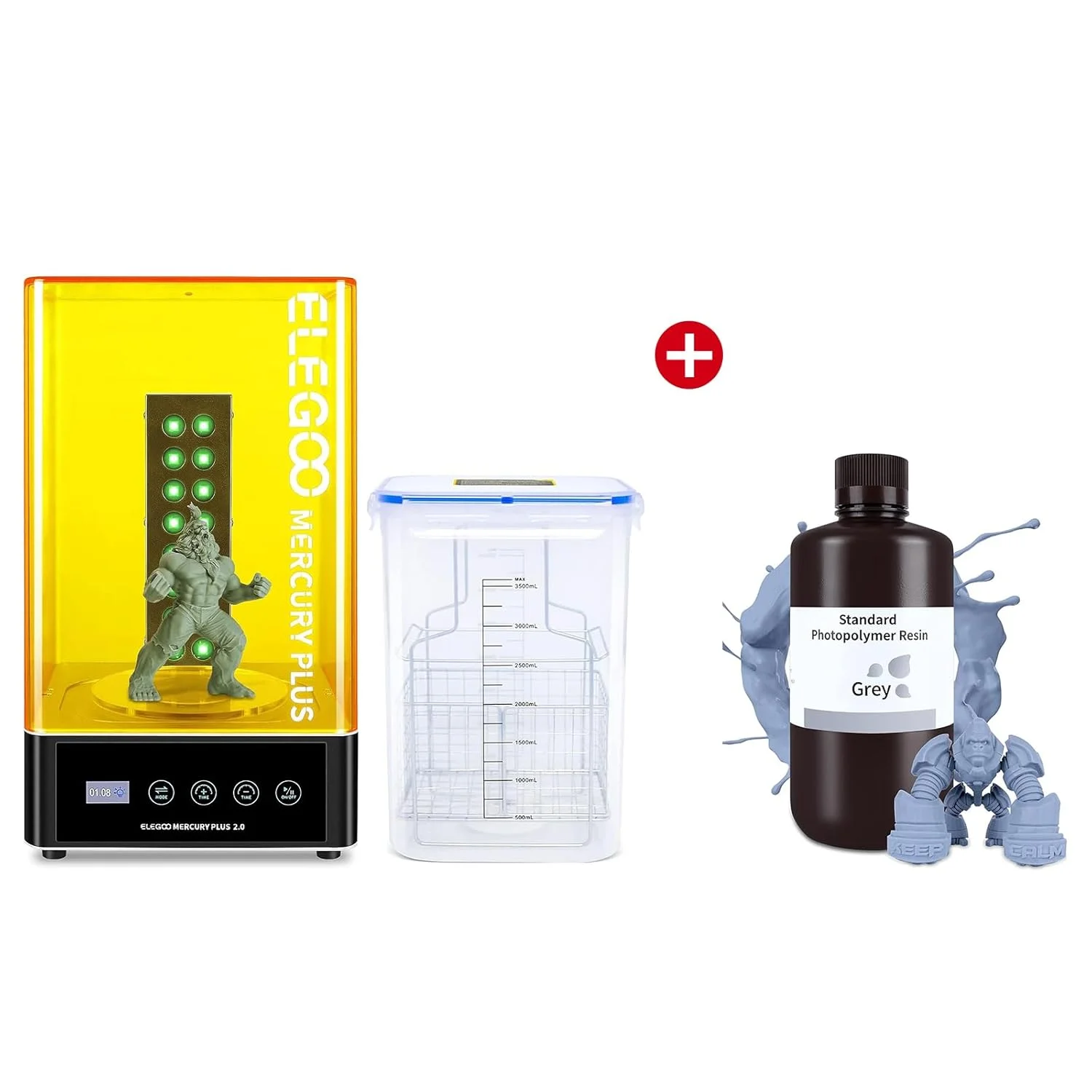 دستگاه شستشو و کیور ELEGOO Mercury Plus 2.0 و رزین فوتوپلیمر خاکستری استاندارد پرینتر سه بعدی ELEGOO 1000 گرمی