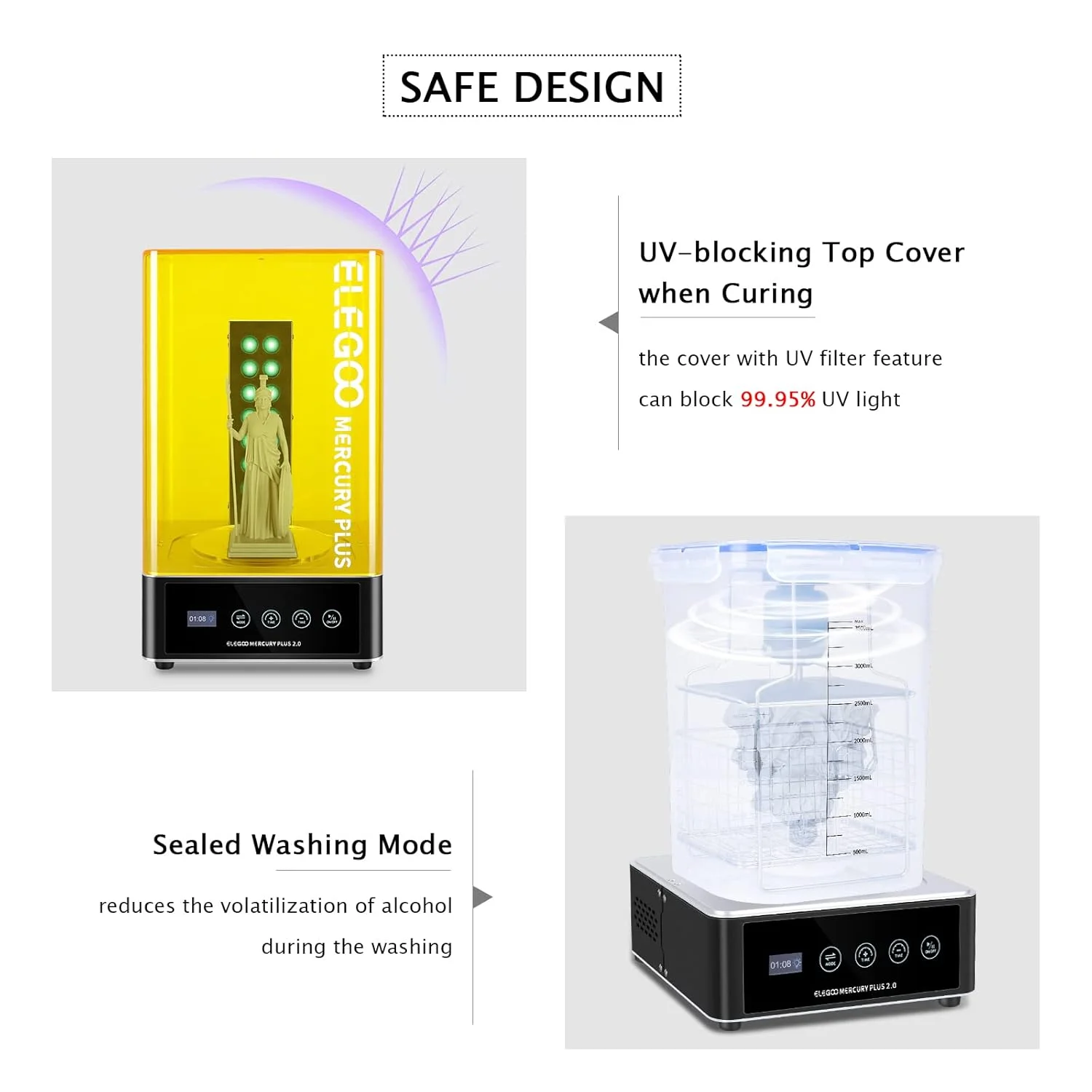 دستگاه شستشو و کیورینگ رزین ELEGOO Mercury Plus 2.0 مناسب برای مدل های چاپ سه بعدی LCD/DLP/SLA به همراه سینی گردان و محفظه شستشو