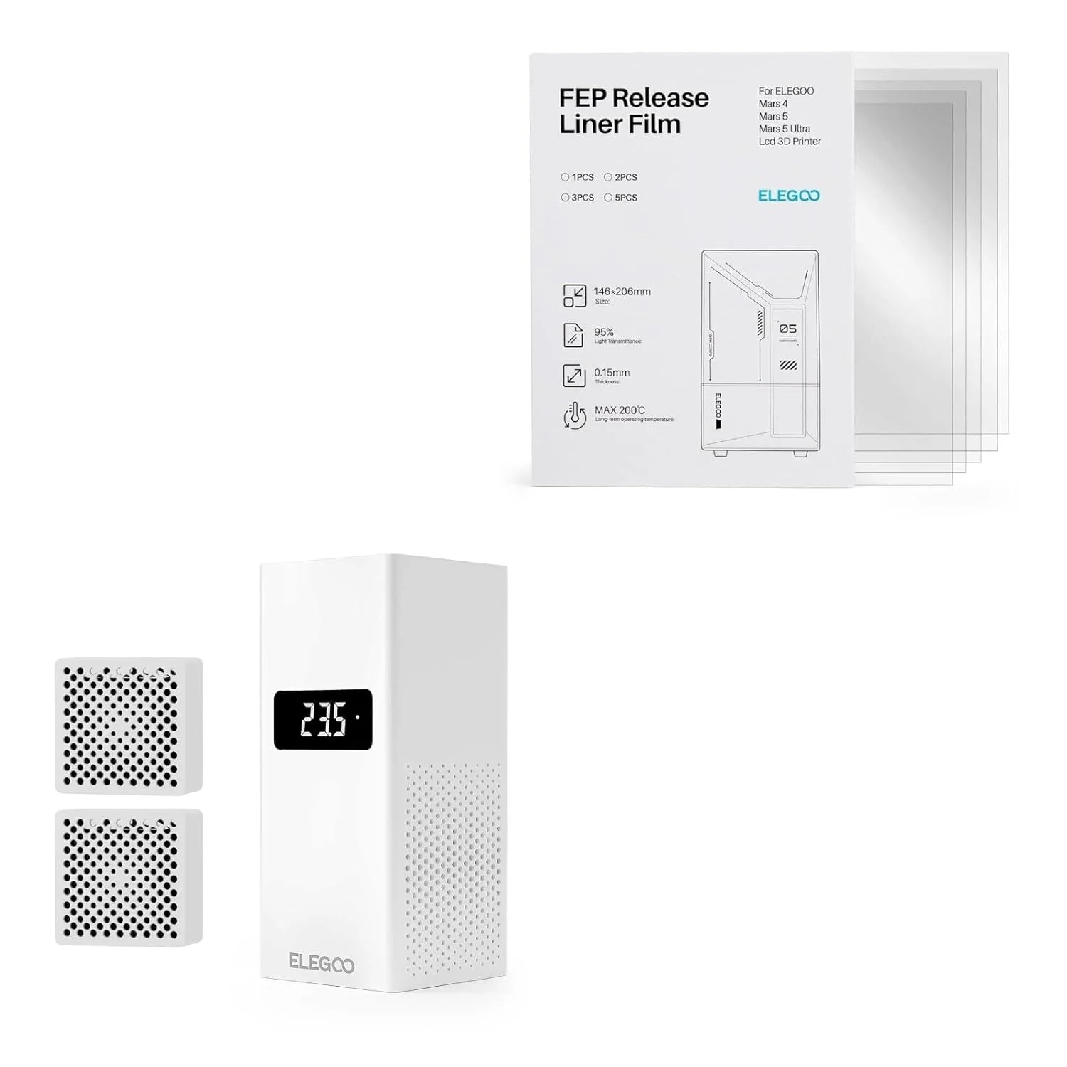 گرمکن کوچک ELEGOO برای پرینتر سه بعدی رزینی و فیلم رهاساز FEP ELEGOO بسته 5 عددی برای پرینتر سه بعدی LCD Mars 4/ Mars 5/ Mars 5 Ultra