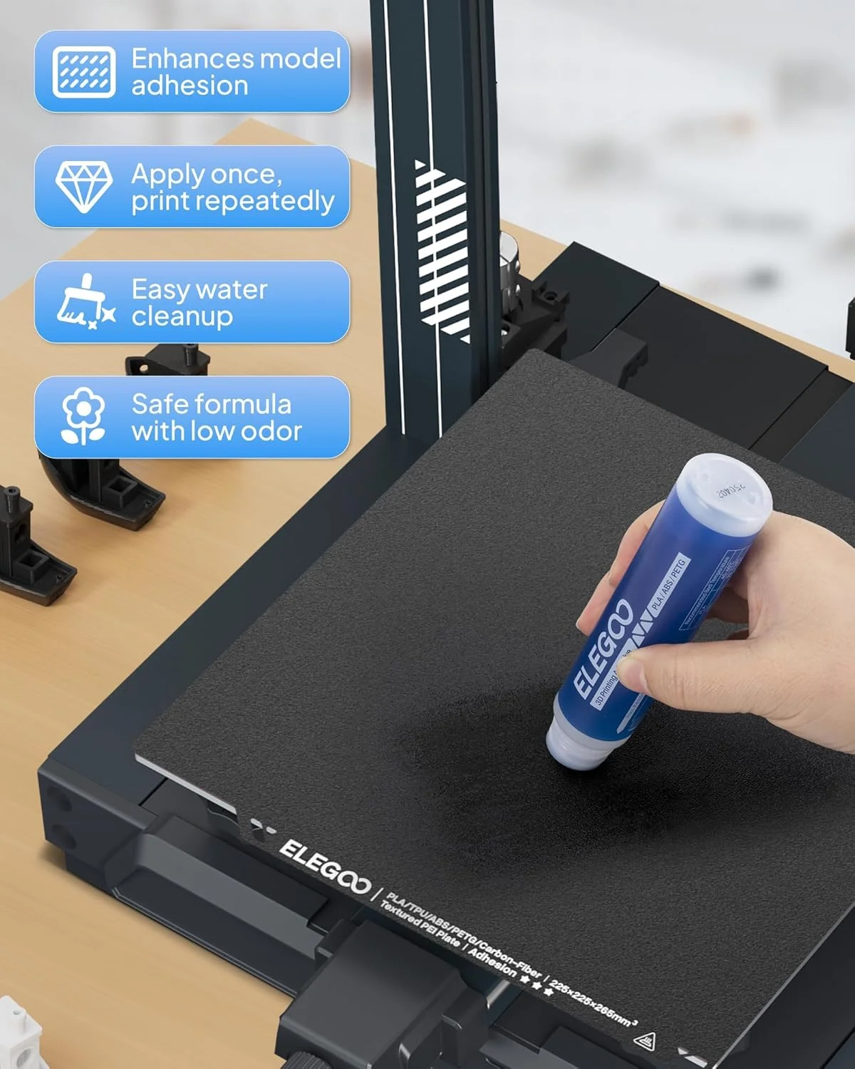 چسب چسبنده پرینتر سه بعدی ELEGOO، کاهش تاب برداشتن برای فیلامنت های ABS/PLA/PETG/TPU روی صفحات ساخت PEI/PEO/PET و آلومینیومی، لوازم جانبی چاپ سه بعدی با چسبندگی قوی (60 میلی لیتر x 2)