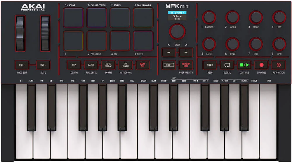 کنترلر میدی کیبورد USB-C آکای پروفشنال MPK Mini IV، دارای 25 کلید حساس به سرعت، صفحه نمایش تمام رنگی، فیدبک VST، پیچ واقعی، چرخ های مدولاسیون، 8 دکمه چرخشی قابل تنظیم، مشکی | MPKMINI4B