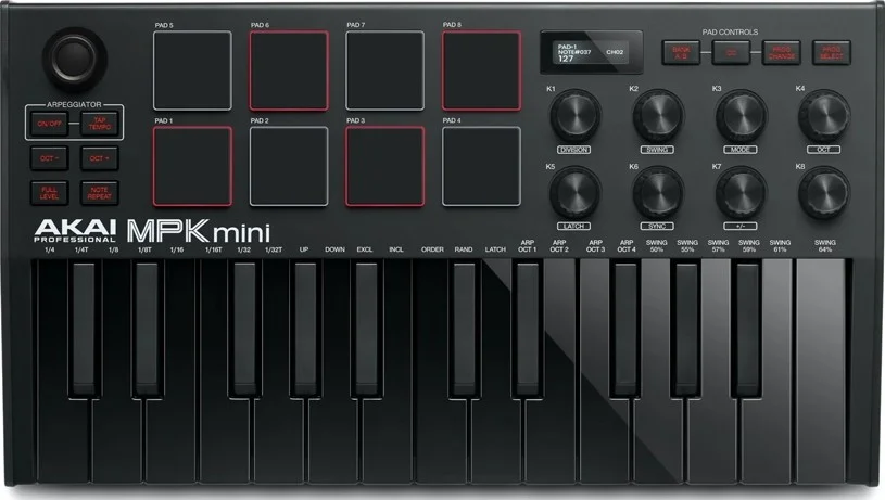 AKAI Professional MPK Mini MK3، کنترلر صفحه کلید MIDI USB با 25 کلید با 8 پد درام با نور پس زمینه، 8 دستگیره و نرم افزار تولید موسیقی (مشکی) | MPKMINI3BLK