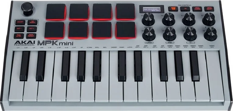 کنترلر MIDI حرفه ای Akai MPK Mini MK3، کنترلر کیبورد MIDI USB با 25 کلید به همراه 8 پد درام با نور پس زمینه، 8 ناب و نرم افزار تولید موسیقی، خاکستری | MPKMINI3GRY