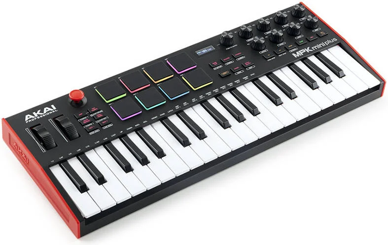 کنترلر کیبورد AKAI MPK Mini Plus، ۳۷ کلید حساس به ضربه، ۸ پد MPC X، ۸ ناب چرخشی قابل تنظیم، نمایشگر OLED، USB MIDI و منبع تغذیه، نرم افزار تولید MPC Beats، مشکی | MPK MINI PLUS