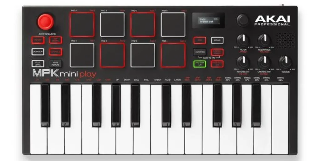 کنترلر MIDI آکای MPK Mini Play، با بلندگوی داخلی، تغذیه با باتری، نمایشگر OLED، 25 کلید مینی، جوی استیک 4 جهته، آرپژیاتور داخلی، مشکی | MPKMINIPLAYXEU