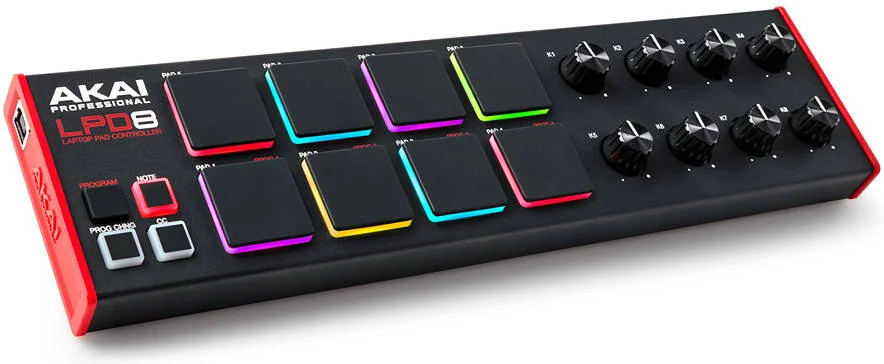 کنترلر پد لپ‌تاپ Akai Professional LPD8 MK2، دارای 8 پد RGB حساس به ضربه MPC، 8 ناب چرخشی قابل تنظیم، پورت USB بادوام با اندازه کامل، قابلیت ارسال کنترل برنامه و CC، مشکی | LPD8MK2