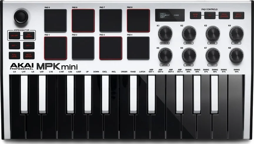 AKAI Professional MPK Mini MK3، کنترلر میدی کیبورد USB با 25 کلید، دارای 8 پد درام نورانی، 8 ناب و نرم افزار تولید موسیقی (سفید) | MPKMINI3WHT