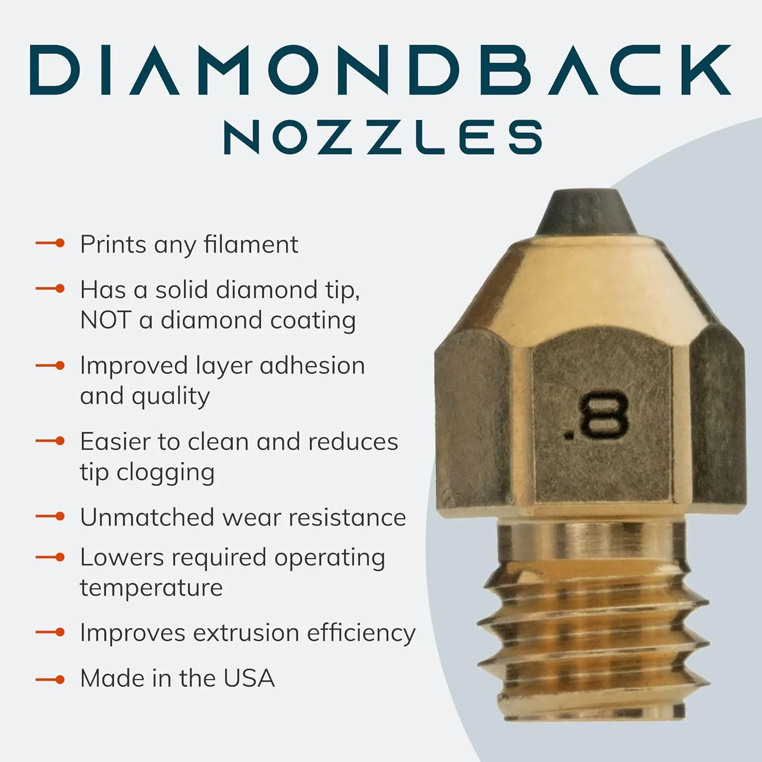 نازل‌های Diamondback – سازگار با MK8 – نازل‌های پرینتر سه بعدی با نوک الماس جامد پلی کریستالی، اکستروژن بهبود یافته، مناسب برای هر نوع فیلامنت، عمر طولانی، مقاوم در برابر سایش، چسبندگی لایه ای، ساخت آمریکا (0.8mm)