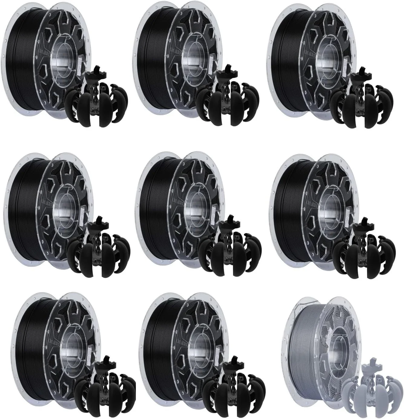 بسته فیلامنت پرینتر سه بعدی Creality، فیلامنت PLA 1.75mm، بسته 6 عددی PLA مشکی و بسته 3 عددی خاکستری، 1 کیلوگرم X 9 قرقره