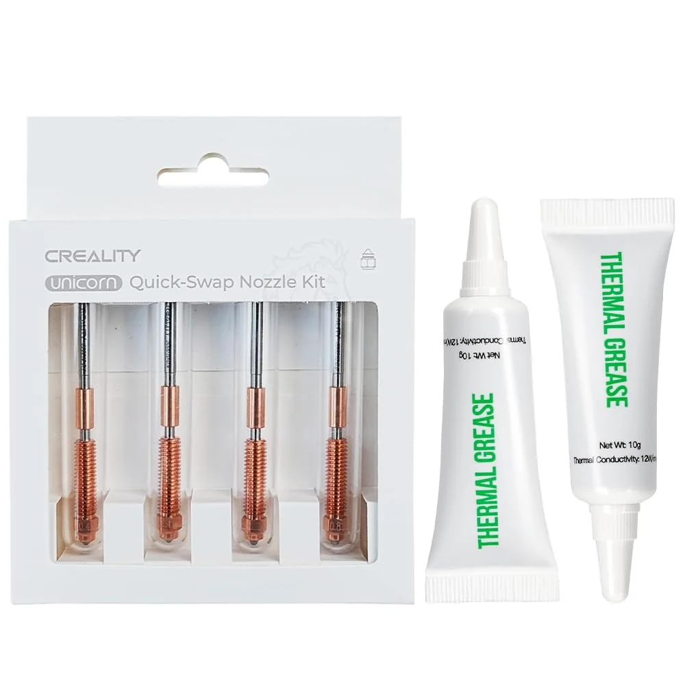 نازل های رسمی کرالیتی K1C/K1/K1 Max/Ender 3 V3 SE/3 V3 KE/3 V3/3 V3 Plus در اندازه های 0.4، 0.6 و 0.8 میلی متر، بسته 4 عددی به همراه 2 بسته خمیر حرارتی کرالیتی برای هات اند و نازل پرینتر سه بعدی