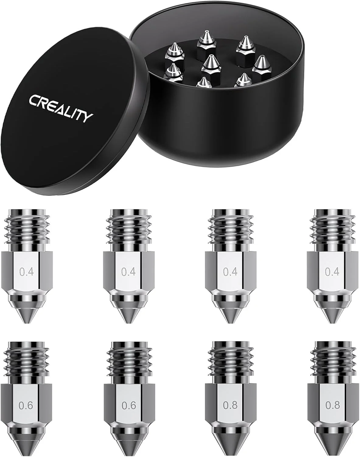 نازل‌های Creality Ender 5 Max، ساخته شده از آلیاژ مس ارتقا یافته، سختی بالا، قابلیت چاپ در دمای بالا (500℃)، گرفتگی کمتر، بادوام و قابل اعتماد، 0.4/0.6/0.8 میلی‌متر، 8 عدد، نازل پرینتر سه بعدی