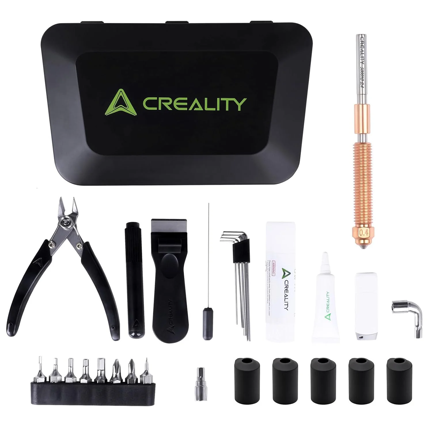 جعبه ابزار تعمیر و نگهداری Creality K2 Plus/Hi، برای پرینتر سه بعدی Creality Hi، K2، K2 Pro، K2 Plus، به همراه 1 عدد نازل 0.4 میلی متری، 5 عدد جوراب سیلیکونی، 13 عدد لوازم جانبی ضروری چاپ سه بعدی