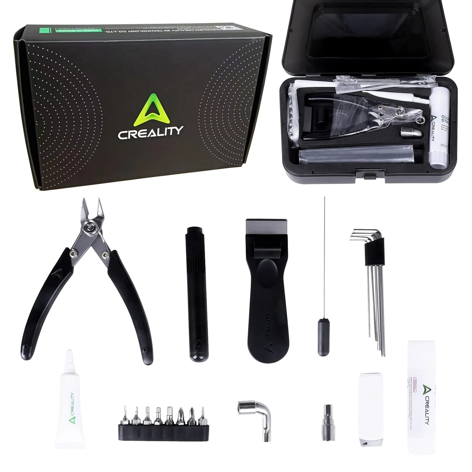 جعبه ابزار پرینتر سه بعدی کرالیتی، جعبه ابزار تعمیر و نگهداری عمومی، شامل کاردک، چسب پرینت سه بعدی، گریس روان کننده، سوزن تمیز کننده نازل، مجموعه سری پیچ گوشتی، آچار آلن، بکس، سیم چین، فلش مموری USB، لوازم جانبی