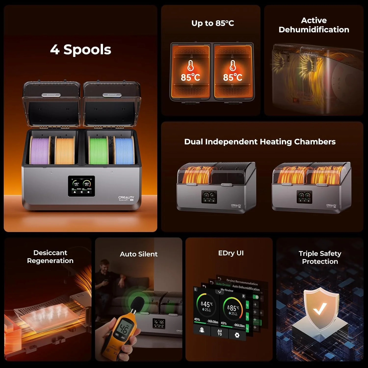 جعبه خشک کننده فیلامنت Creality Space Pi X4، ارتقاء جدید محفظه نگهداری فیلامنت پرینتر سه بعدی 4 قرقره ای با دو محفظه گرمایشی، گرمایش سریع 200 واتی تا 85 درجه سانتیگراد، برای PLA، PETG، ABS، TPU، نایلون، PC
