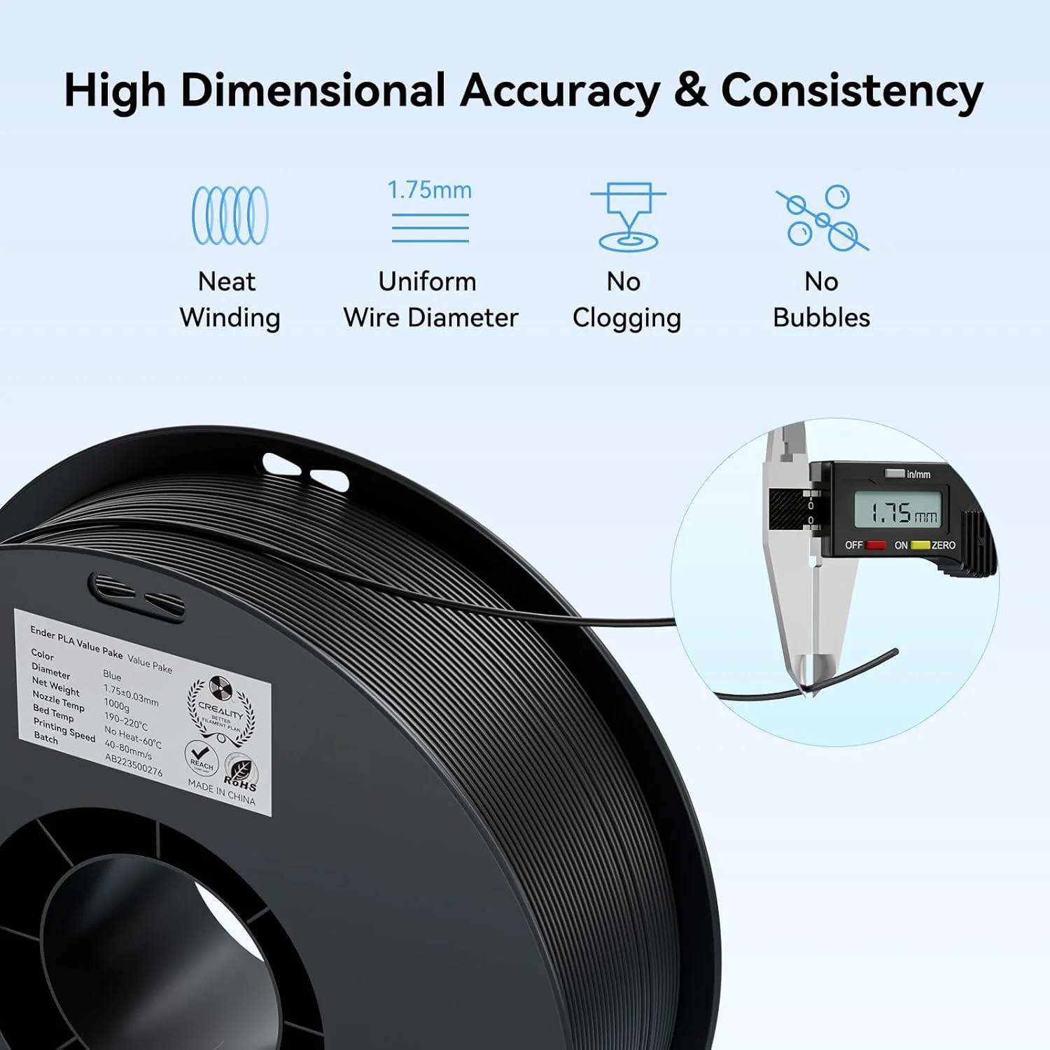 فیلامنت پرینتر سه بعدی کرالیتی، بسته فیلامنت PLA 1.75 میلی متری 2 کیلوگرمی برای پرینت سه بعدی، فیلامنت PLA بدون گره خوردگی، چسبندگی قوی و عملکرد عالی، دقت +/- 0.02 میلی متر (بسته 2 عددی مشکی و مشکی)
