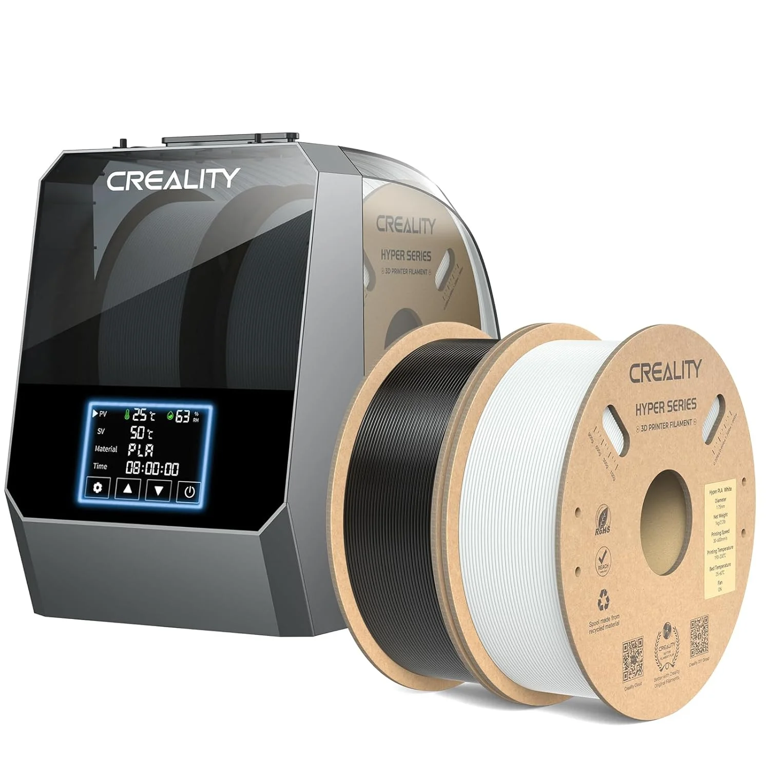 فیلامنت هایپر PLA کرالیتی 1.75 میلی متر مشکی و سفید 2 کیلوگرم و خشک کن فیلامنت CREALITY Space Pi