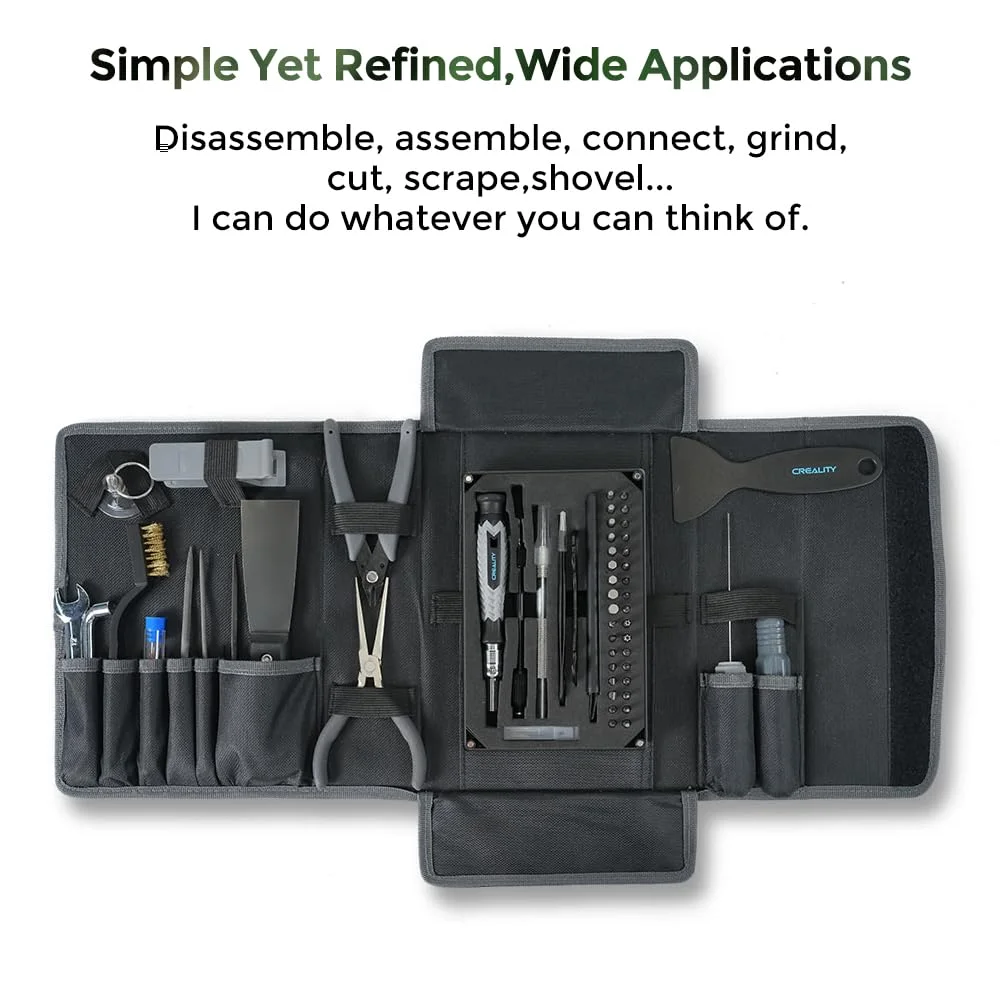 جعبه ابزار پرینتر سه بعدی Creality، شامل 74 قطعه لوازم جانبی پرینتر سه بعدی، ابزار تمیز کننده نازل، پیچ گوشتی و آچار چند منظوره، ابزار پرداخت و کیف نگهداری