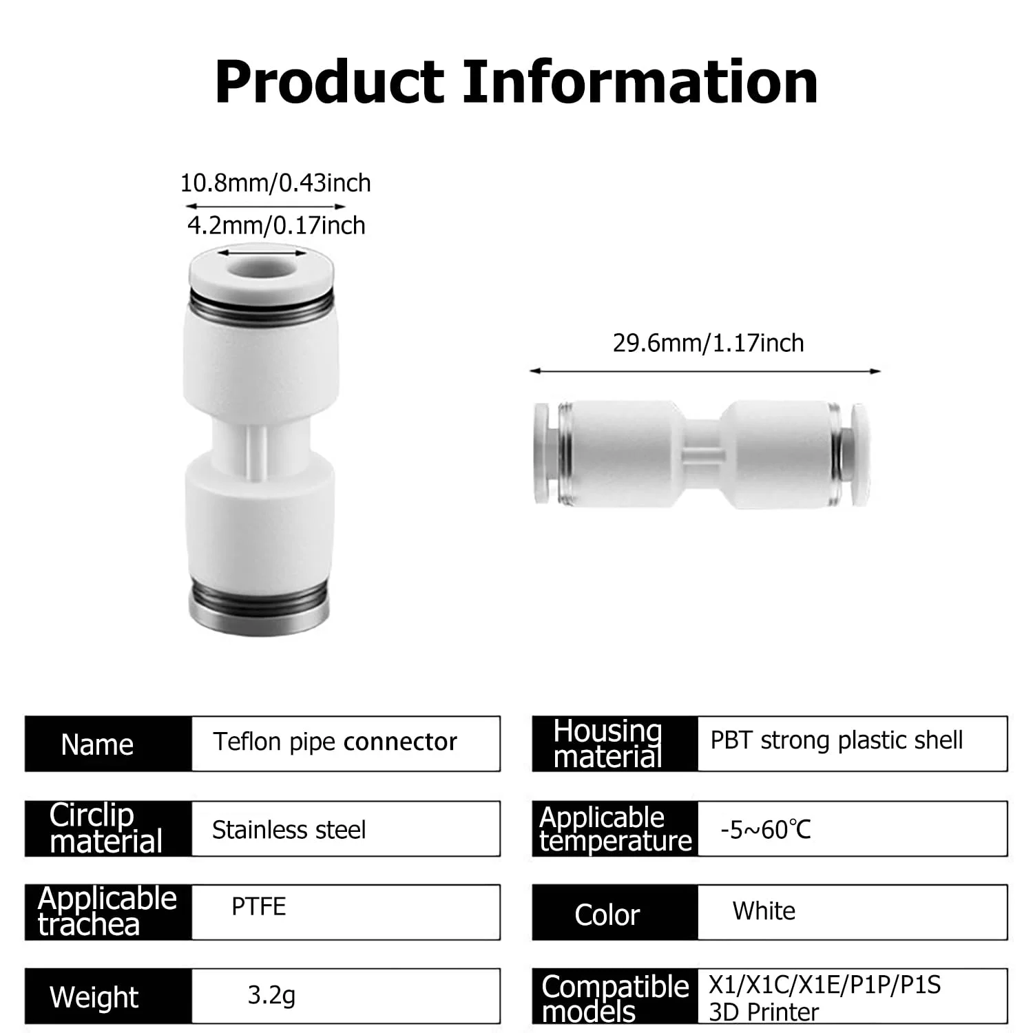 اتصال دهنده لوله تفلون 10 عددی برای پرینتر سه بعدی Bambu Lab P1P/P1S/X1/X1C/X1E، اتصال دهنده لوله تغذیه PTFE AMS، قطعات لوازم جانبی پرینتر سه بعدی FDM، رابط 1 قطر 4 میلی متر، رابط 2 قطر 2.5 میلی متر