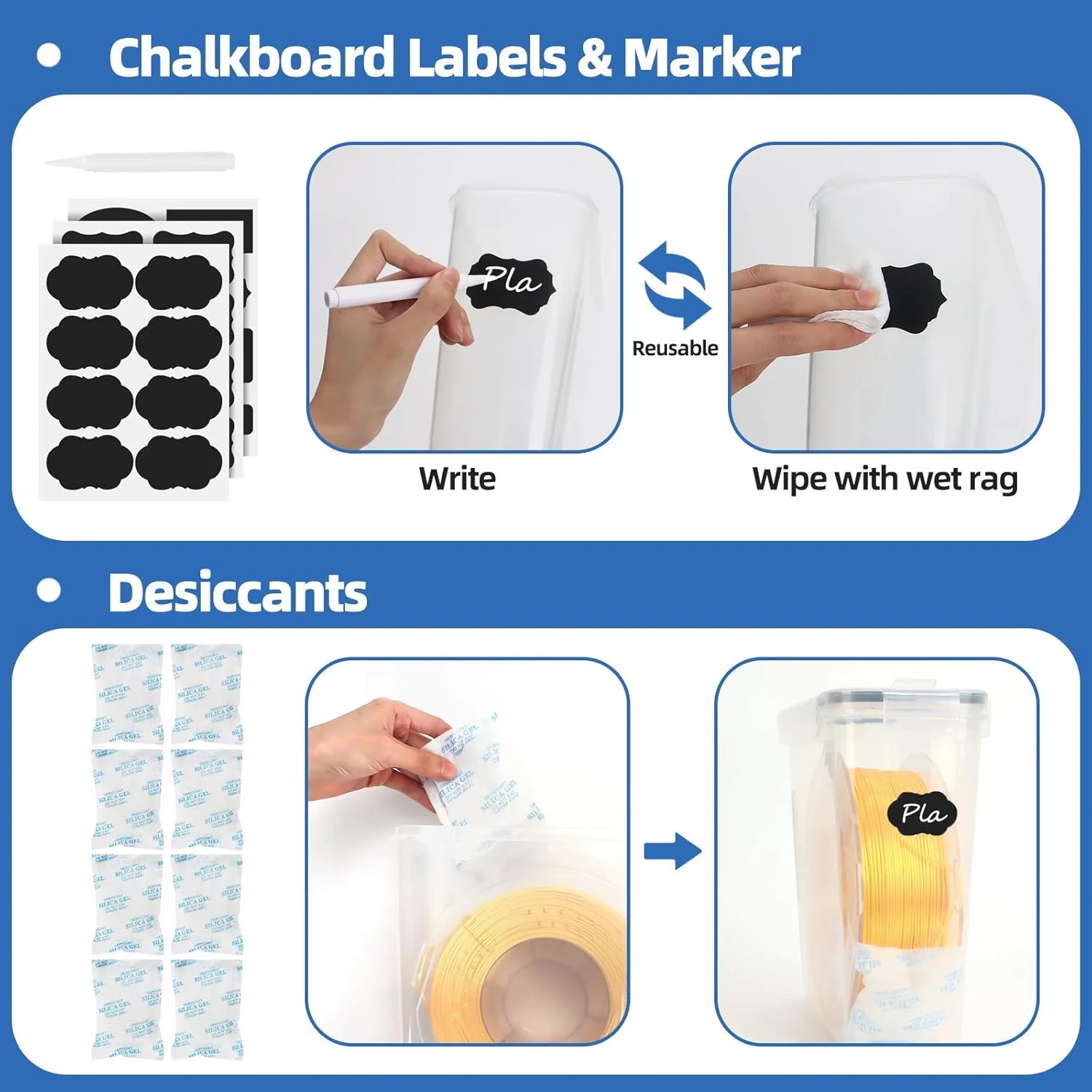 جعبه نگهداری فیلامنت - بسته 4 عددی محفظه فیلامنت به همراه ماده خشک کننده و برچسب قابل استفاده مجدد برای نگهداری خشک فیلامنت های چاپ سه بعدی، ضد آب و ضد گرد و غبار 4.0 لیتری