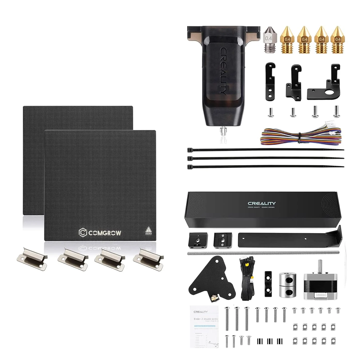 صفحه شیشه ای حرارت دیده ارتقا یافته Comgrow (دو عدد) و کیت حسگر تنظیم خودکار سطح بستر Creality CR Touch و کیت محور دوگانه Z Creality Ender 3V2 به همراه پیچ سربی