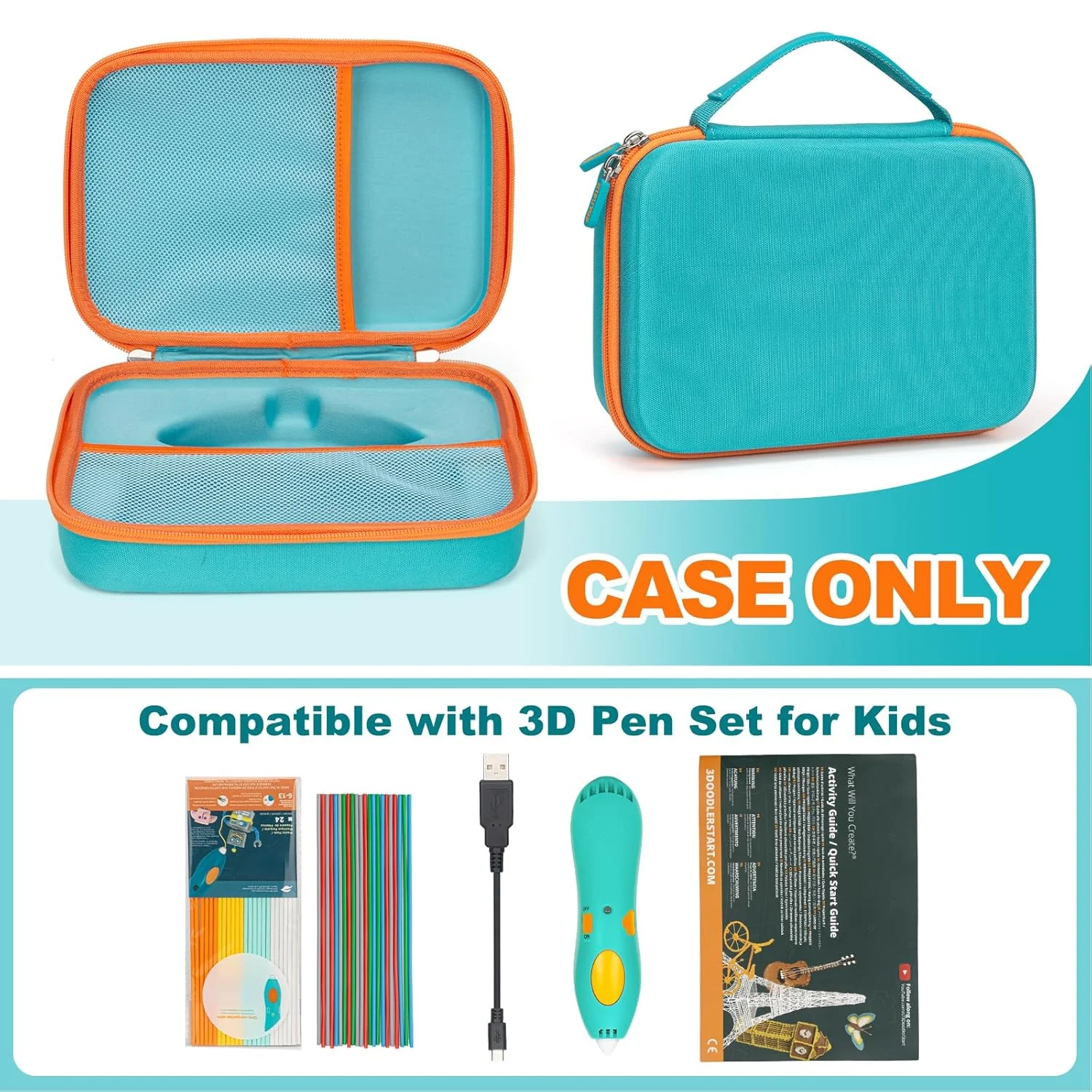 کیف مخصوص قلم سه بعدی 3Doodler Start+ Essentials (مدل 2023، 2024) برای پسران و دختران، کیف نگهداری لوازم هنری و آموزشی STEM، کیف حمل فیلامنت پرینت سه بعدی و کابل USB (فقط جعبه)