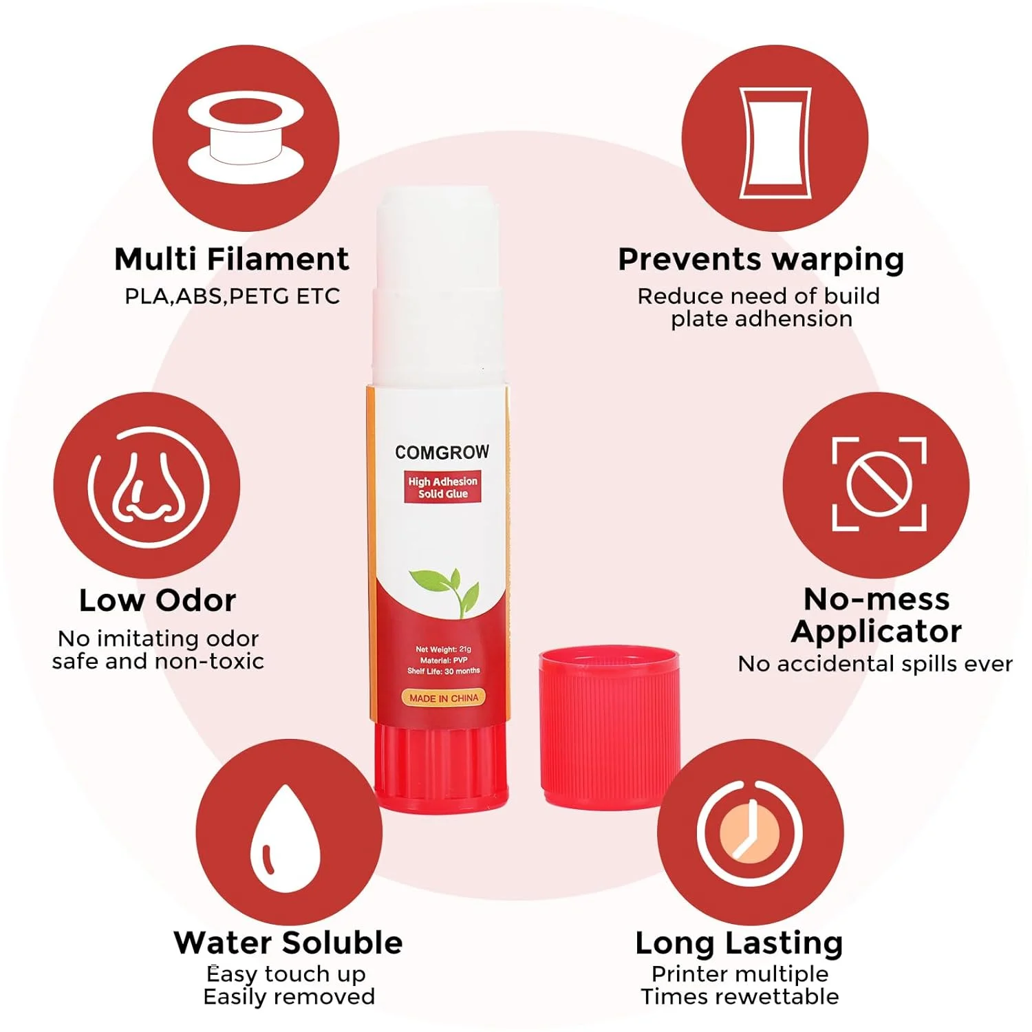 چسب ماتیکی پرینتر سه بعدی Comgrow بسته 5 عددی، چسب ماتیکی پرینتر سه بعدی کاهش دهنده تاب برداشتن برای چسب جامد PVP بستر گرم پرینتر سه بعدی برای PLA/ABS/PETG/PC/PA/TPU 21 گرم/0.74 اونس