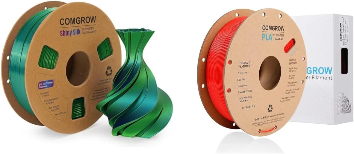 فیلامنت پرینتر سه بعدی PLA ابریشمی Comgrow، دو رنگ مشکی و سبز، فیلامنت PLA برای پرینت سه بعدی 1.75 میلی متر، رول 1 کیلوگرمی، فیلامنت سه بعدی ابریشمی براق و فیلامنت پرینتر سه بعدی PLA قرمز 1 کیلوگرمی