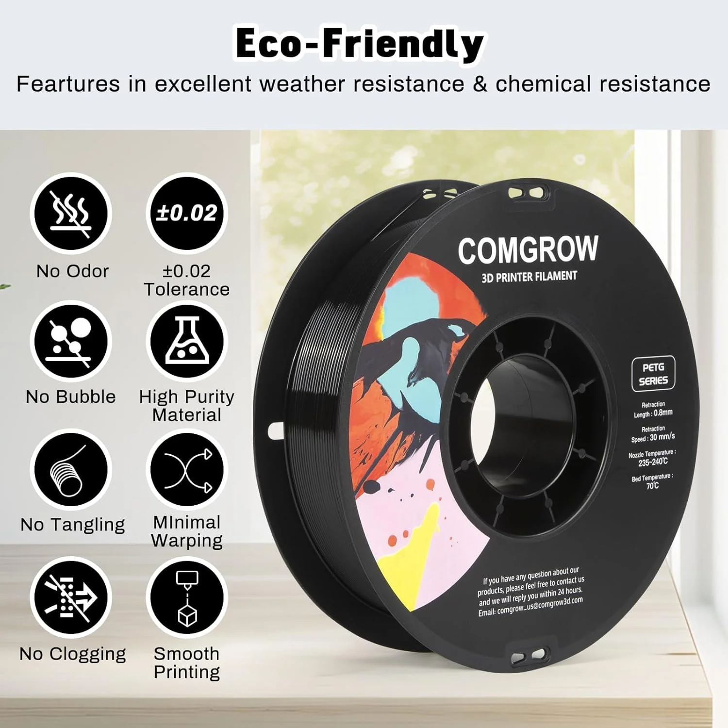 فیلامنت پرینتر سه بعدی PETG کامگرو 1.75 میلی متر، فیلامنت پرینتر سه بعدی با دقت بالا و مقاوم 4 کیلوگرمی، مناسب برای اکثر پرینترهای سه بعدی - مشکی