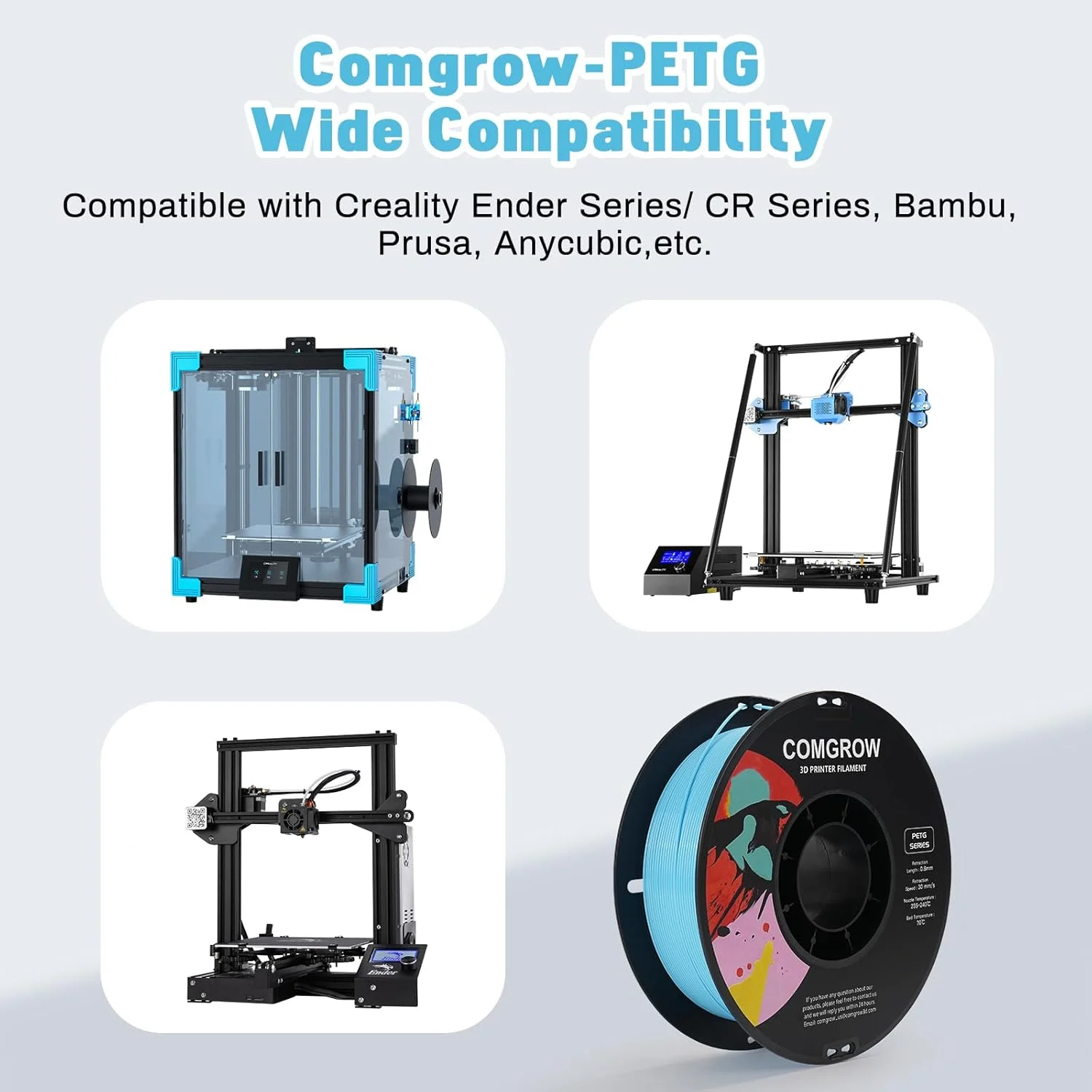 فیلامنت پرینتر سه بعدی PETG کامگرو 1.75 میلی متر، فیلامنت پرینتر سه بعدی با دقت بالا و مقاوم 1 کیلوگرم (2.2 پوند) مناسب برای اکثر پرینترهای سه بعدی آبی روشن