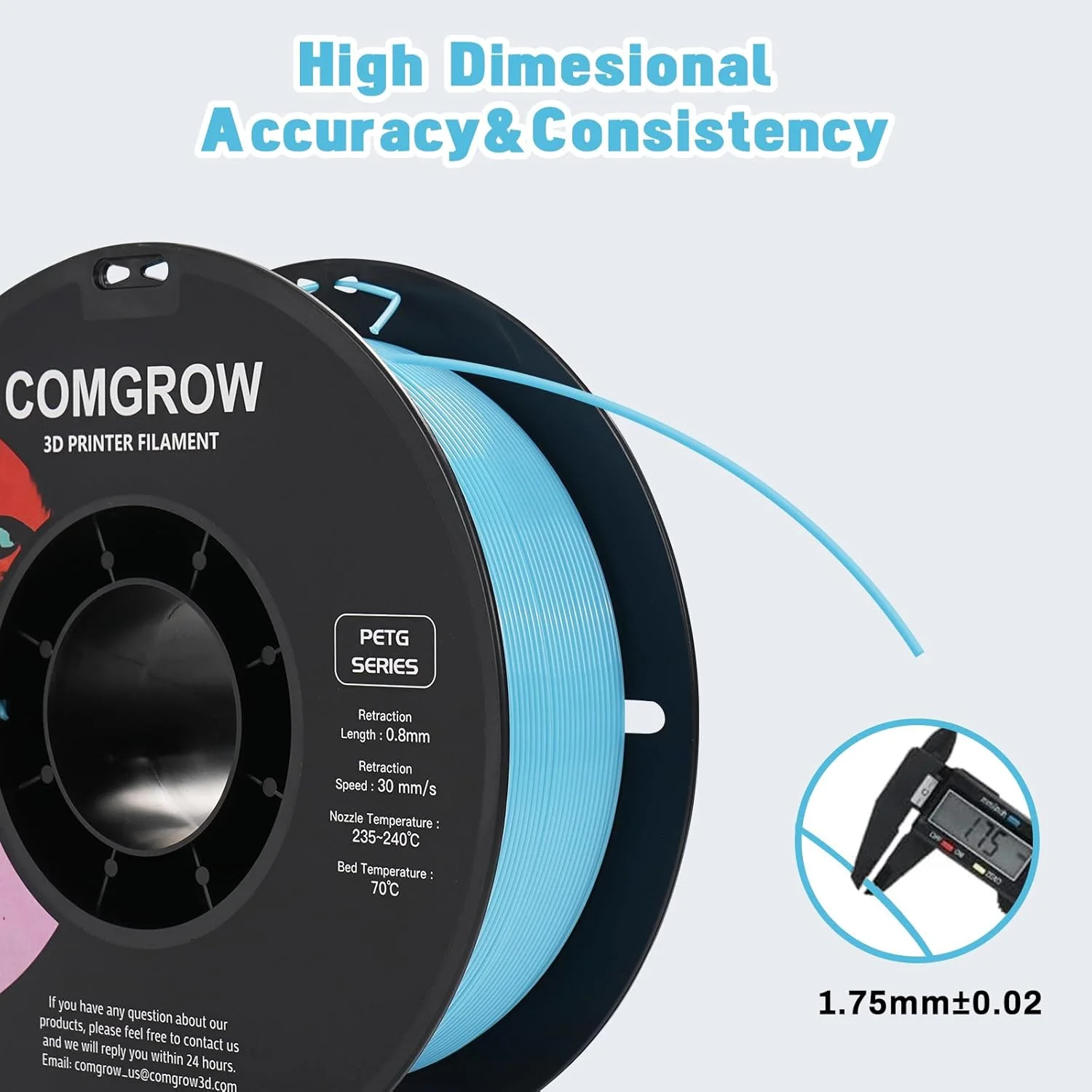 فیلامنت پرینتر سه بعدی PETG کامگرو 1.75 میلی‌متر، فیلامنت پرینتر سه بعدی با دقت بالا و مقاوم 1 کیلوگرم (2.2 پوند)، مناسب برای اکثر پرینترهای سه بعدی، آبی روشن و فیلامنت پرینتر سه بعدی PLA سفید 1 کیلوگرم