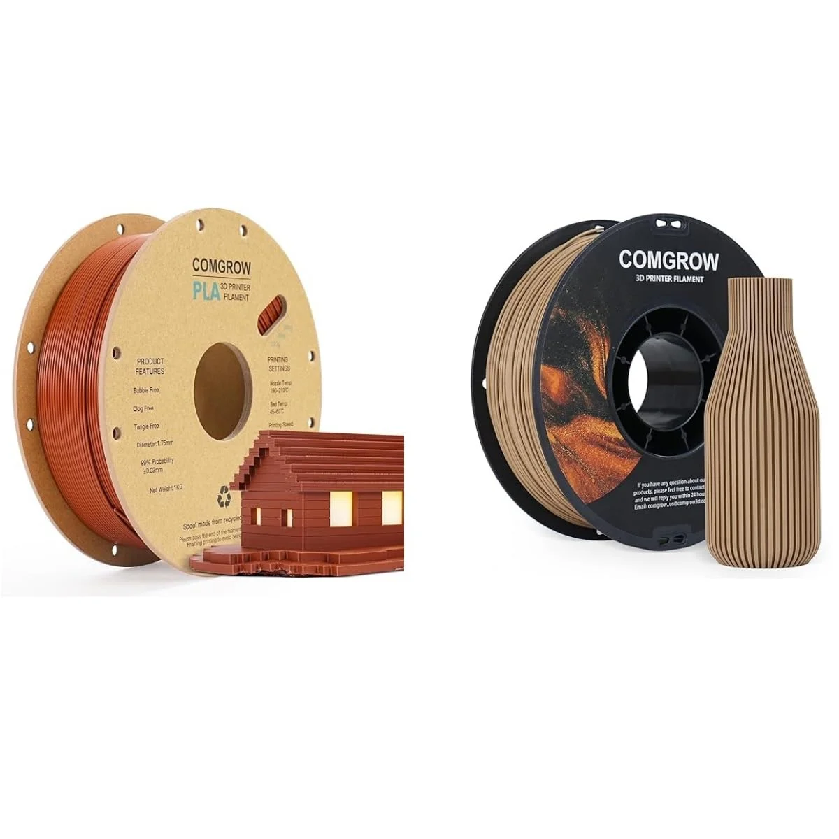 فیلامنت پرینتر سه بعدی PLA کامگرو، فیلامنت PLA پرینتر سه بعدی 1.75mm، اسپول 1 کیلوگرمی PLA قهوه ای و فیلامنت چوب قهوه ای روشن 1 کیلوگرمی