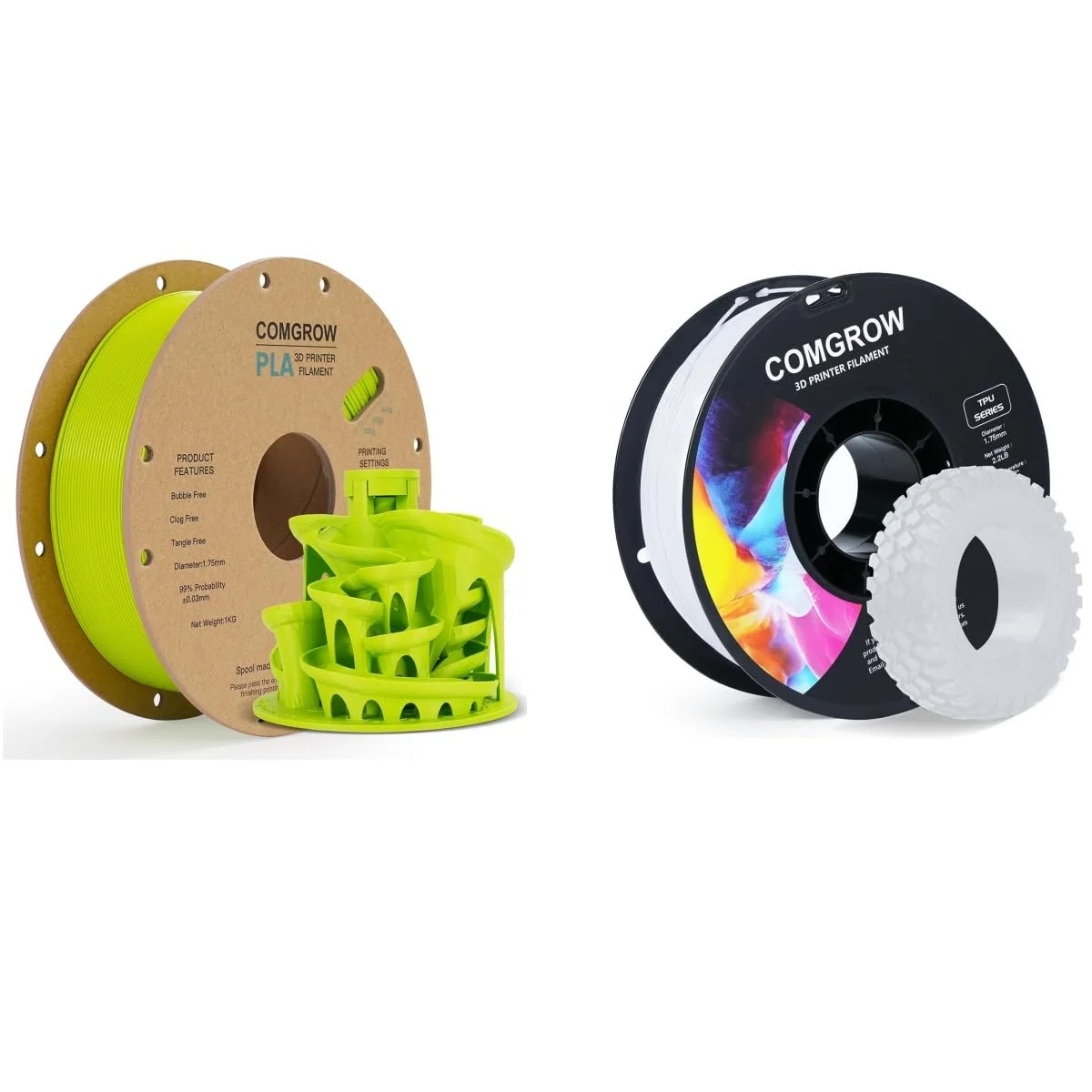 فیلامنت پرینتر سه بعدی PLA کامگرو، فیلامنت PLA پرینتر سه بعدی 1.75 میلی متر، قرقره 1 کیلوگرمی PLA سبز لیمویی و فیلامنت TPU سفید 1 کیلوگرمی