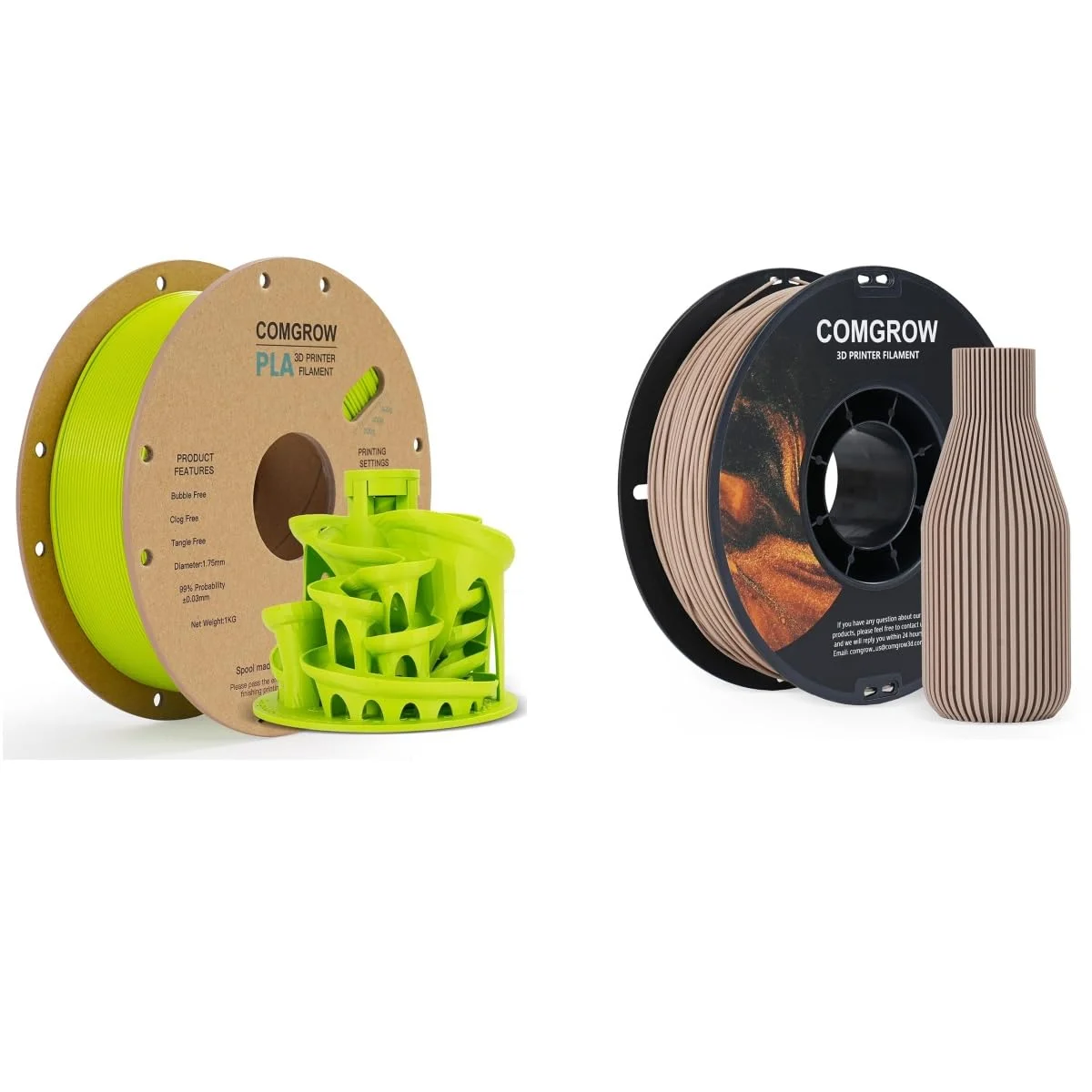 فیلامنت پرینتر سه بعدی PLA کامگرو، فیلامنت PLA پرینتر سه بعدی 1.75 میلی متر، قرقره 1 کیلوگرمی PLA لیمویی سبز و فیلامنت چوب خاکستری روشن 1 کیلوگرمی