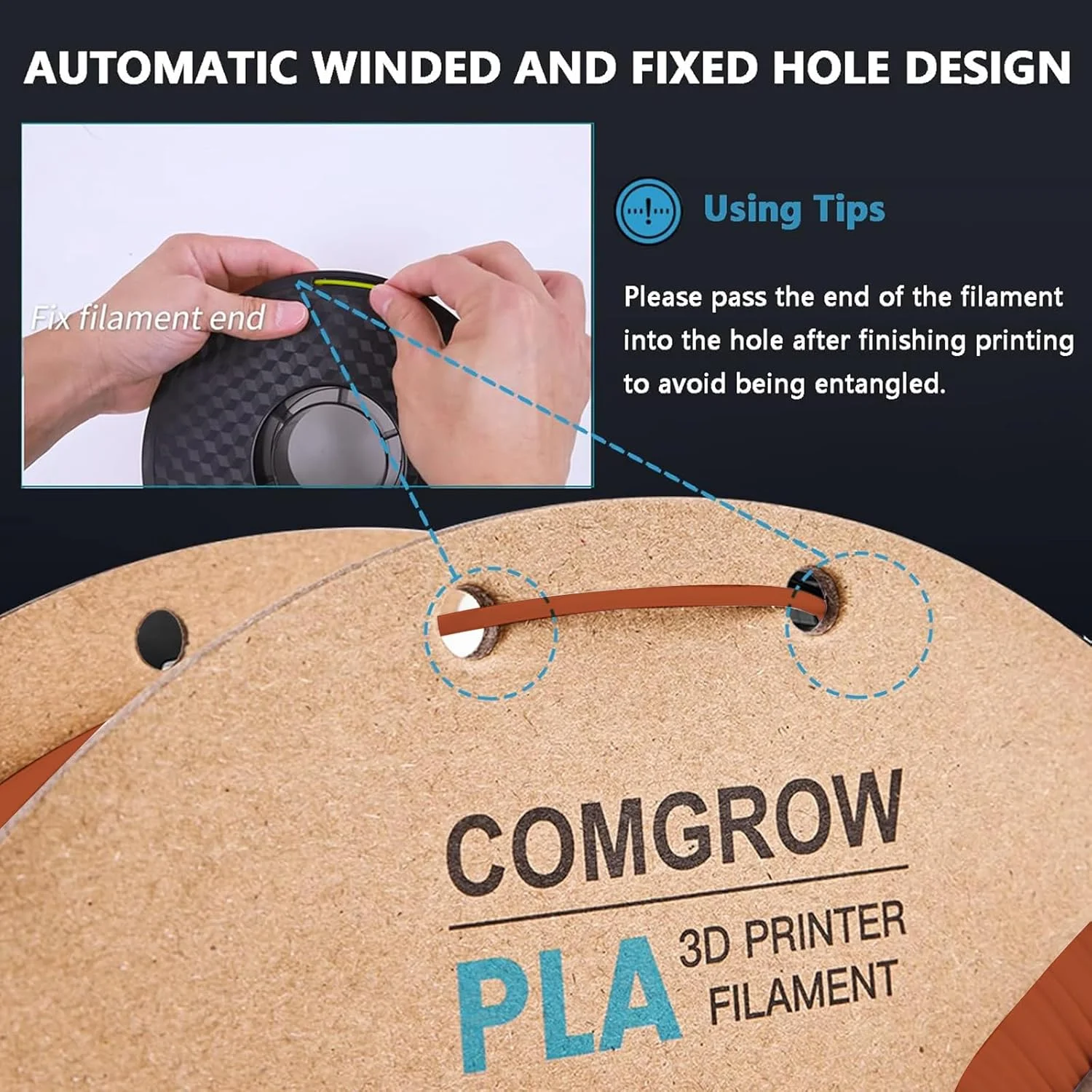 فیلامنت پرینتر سه بعدی PLA کامگرو، فیلامنت PLA پرینتر سه بعدی 1.75mm، اسپول 1 کیلوگرمی PLA قهوه ای و فیلامنت چوب قهوه ای روشن 1 کیلوگرمی