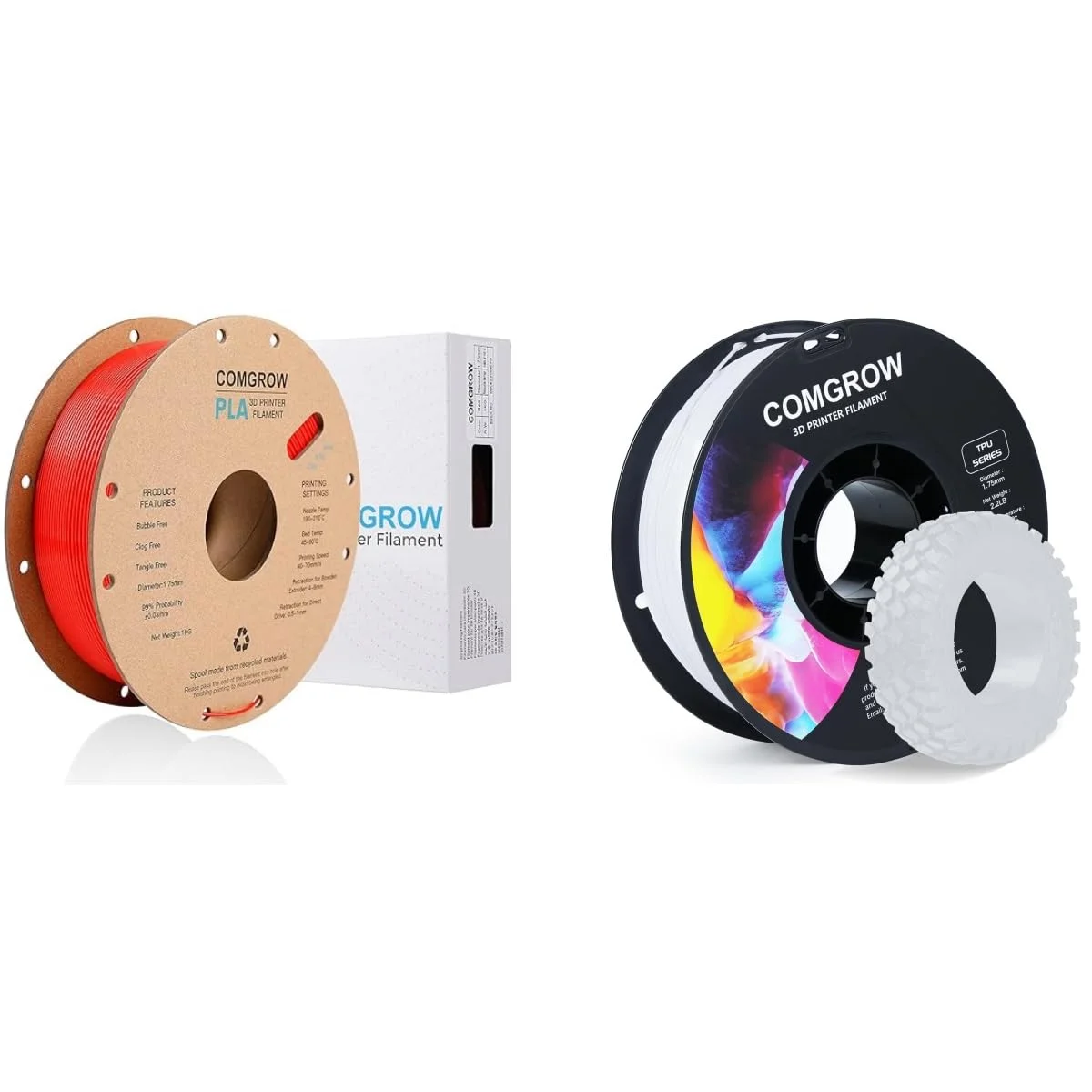 فیلامنت پرینتر سه بعدی PLA کامگرو، فیلامنت PLA پرینتر سه بعدی 1.75 میلی متر، اسپول 1 کیلوگرمی PLA قرمز و فیلامنت TPU سفید 1 کیلوگرمی