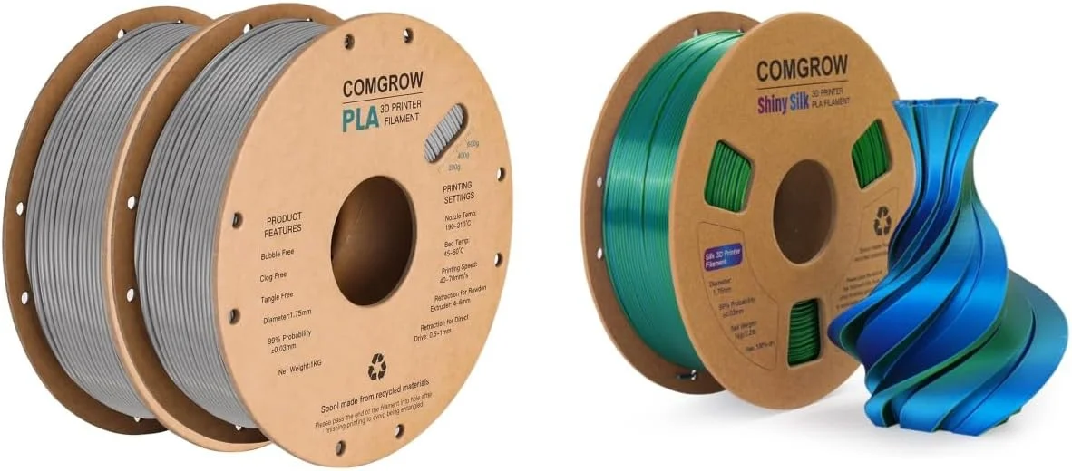 فیلامنت پرینتر سه بعدی PLA کامگرو، فیلامنت PLA پرینتر سه بعدی 1.75 میلی متر، 2 رول 1 کیلوگرمی PLA خاکستری و ابریشمی PLA سبز و آبی