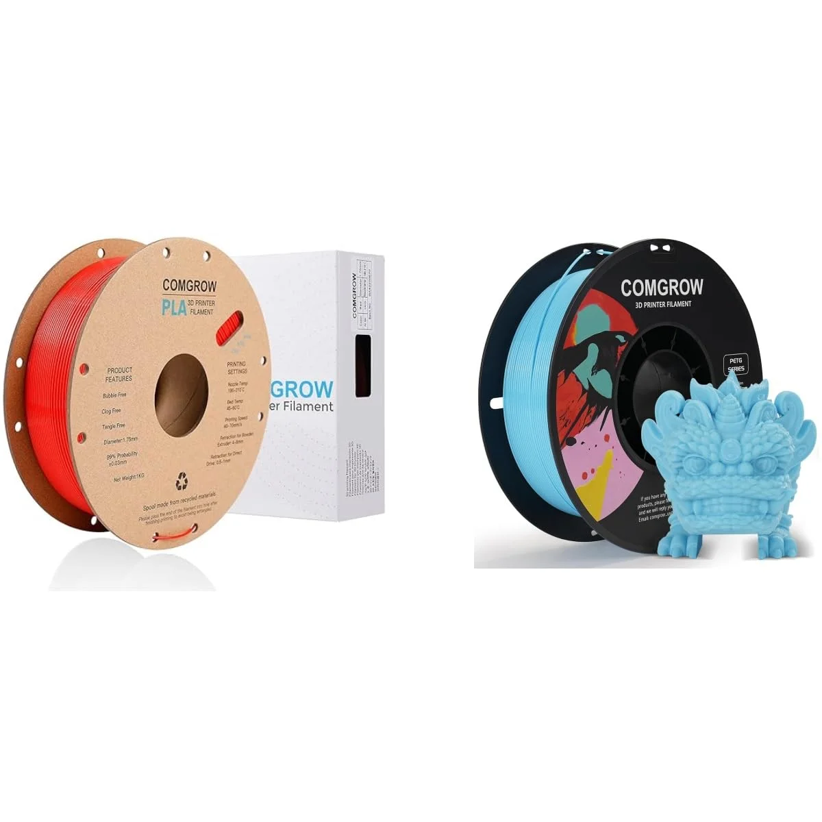 فیلامنت پرینتر سه بعدی PLA کامگرو، فیلامنت PLA پرینتر سه بعدی 1.75 میلی‌متری، قرقره 1 کیلوگرمی PLA قرمز و فیلامنت پرینتر سه بعدی PETG آبی روشن 1 کیلوگرمی