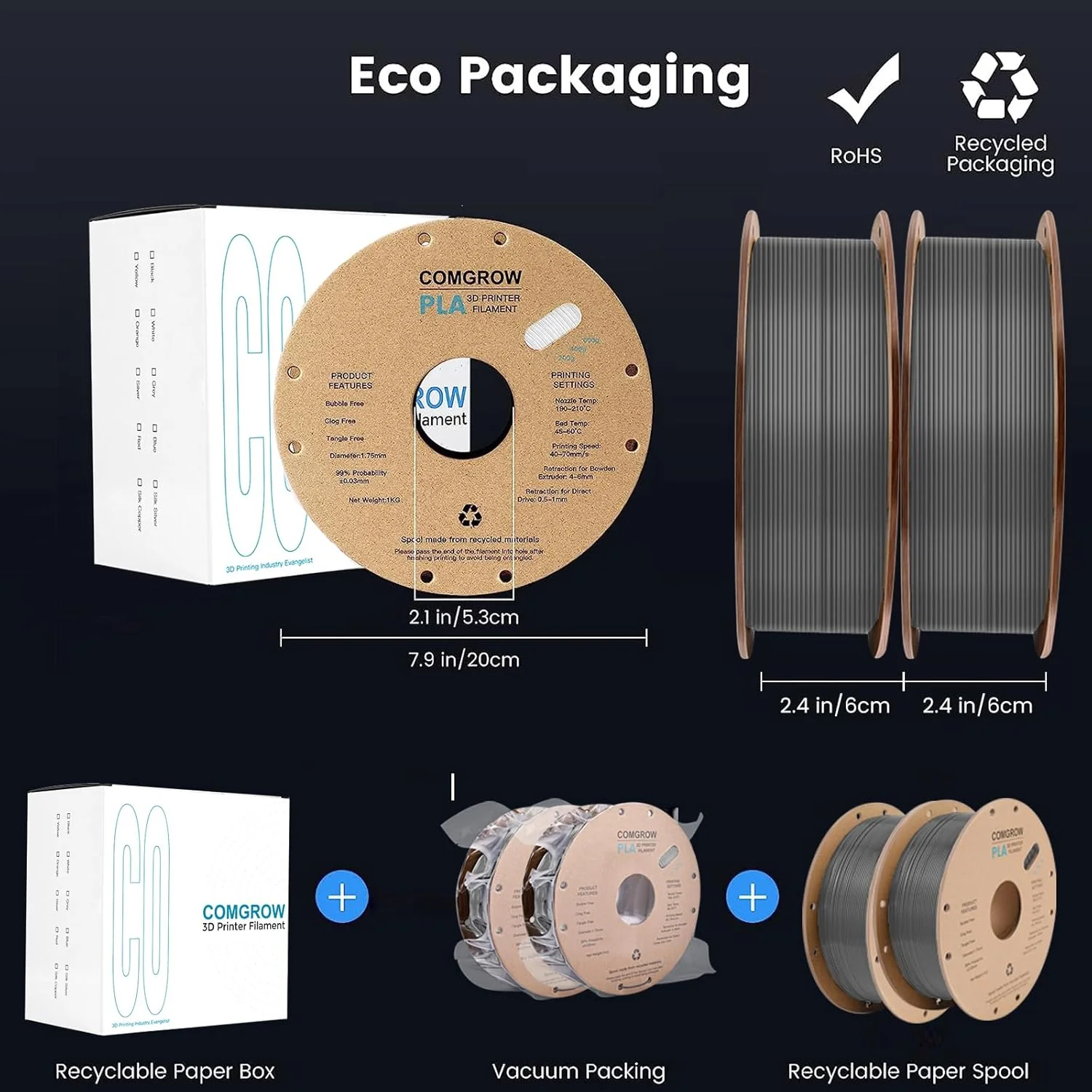 فیلامنت پرینتر سه بعدی PLA کامگرو، فیلامنت PLA پرینتر سه بعدی 1.75 میلی متر، 2 رول 1 کیلوگرمی PLA خاکستری و ابریشمی PLA سبز و آبی