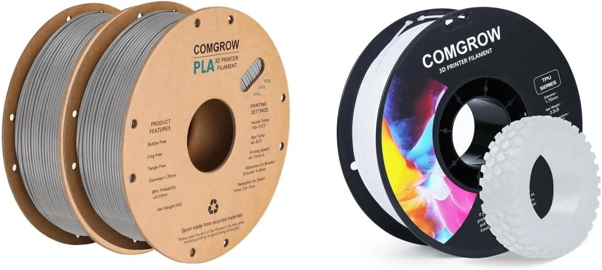 فیلامنت پرینتر سه بعدی PLA کامگرو، فیلامنت پرینتر سه بعدی PLA 1.75mm، دقت ابعادی +/- 0.02 mm، دو رول 1 کیلوگرمی PLA خاکستری