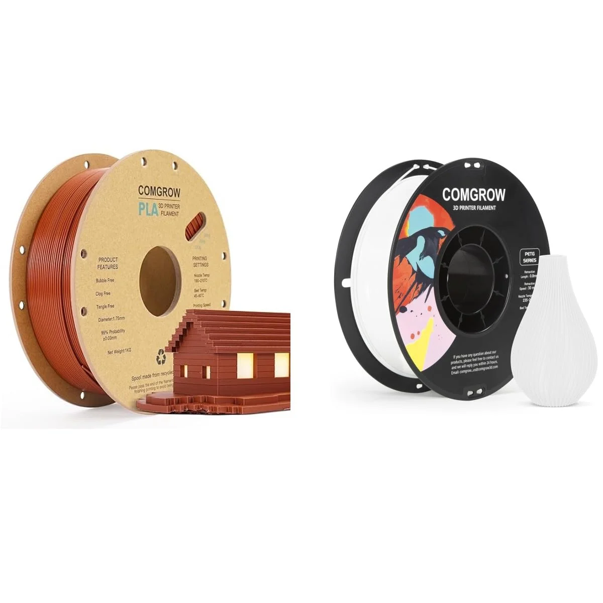 فیلامنت پرینتر سه بعدی PLA کامگرو، فیلامنت PLA پرینتر سه بعدی 1.75 میلی متر 1 کیلوگرم قرقره ای قهوه ای PLA و فیلامنت پرینتر سه بعدی PETG سفید