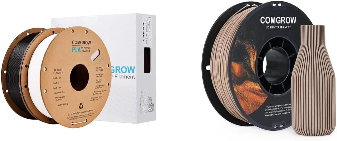 فیلامنت پرینتر سه بعدی PLA کامگرو، فیلامنت PLA پرینتر سه بعدی 1.75 میلی متر، اسپول 1 کیلوگرمی PLA مشکی و سفید و فیلامنت چوب خاکستری روشن 1 کیلوگرمی