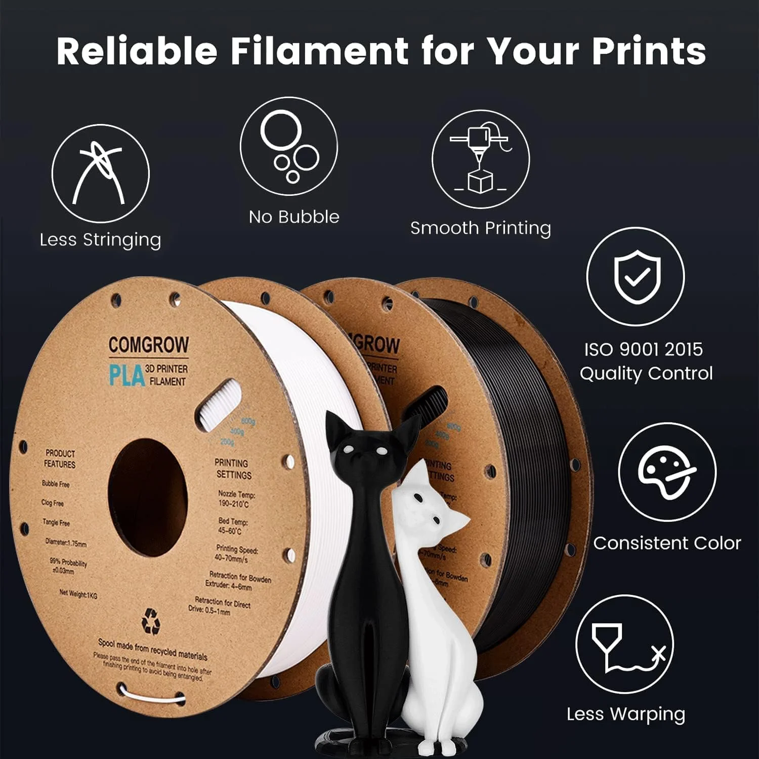 فیلامنت پرینتر سه بعدی PLA کامگرو 6 کیلوگرمی، فیلامنت PLA پرینتر سه بعدی 1.75 میلی متری، قرقره 1 کیلوگرمی PLA مشکی سفید طوسی قرمز آبی نارنجی و رنگین کمانی ابریشمی