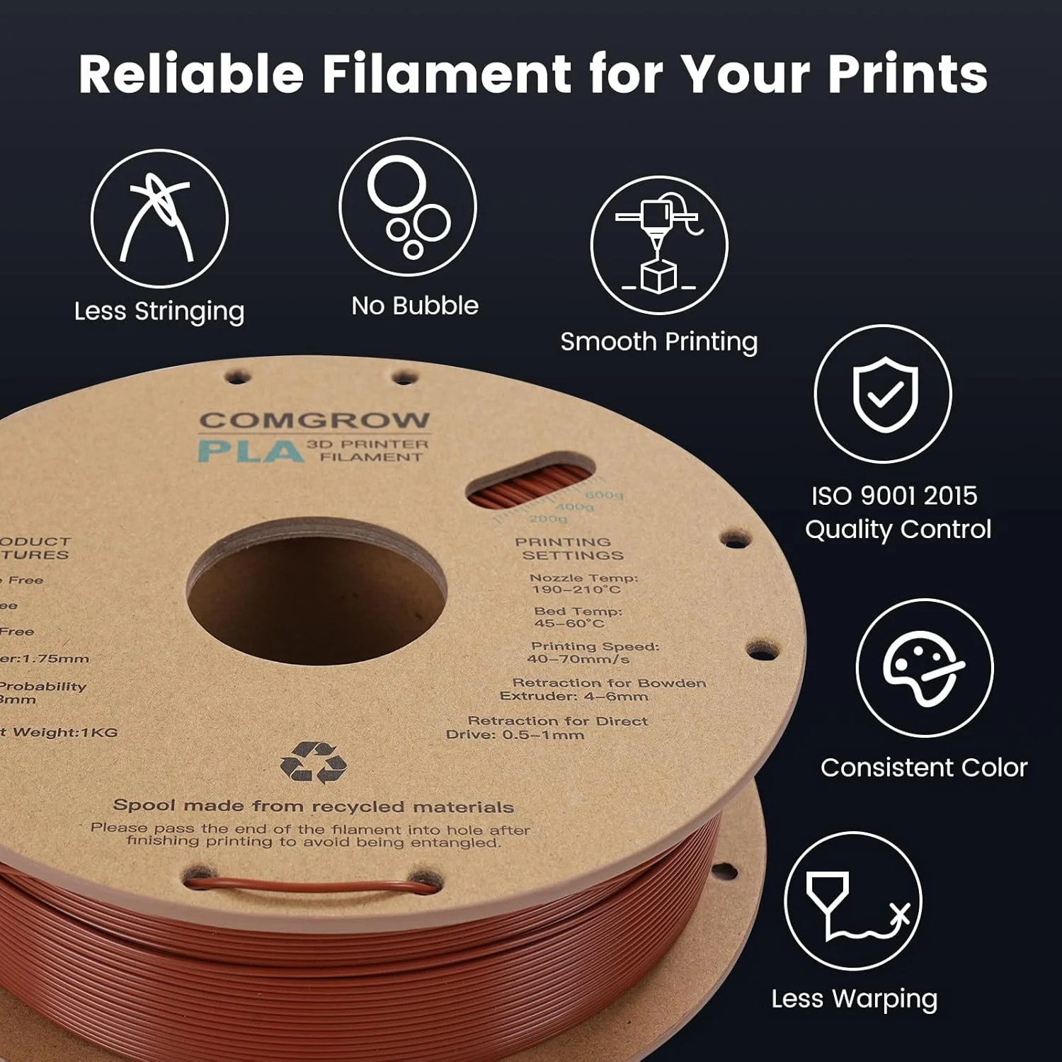 فیلامنت پرینتر سه بعدی PLA کامگرو، فیلامنت PLA پرینتر سه بعدی 1.75 میلی متر 1 کیلوگرم، PLA قهوه ای و فیلامنت PLA ابریشمی پرینتر سه بعدی مشکی و قرمز 1 کیلوگرم