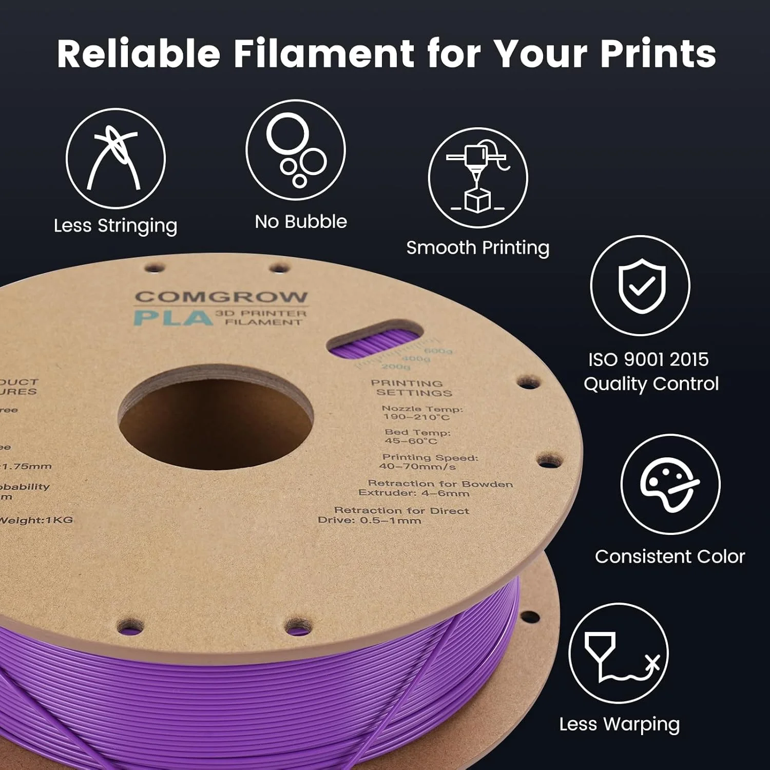 فیلامنت پرینتر سه بعدی PLA کامگرو، فیلامنت PLA پرینتر سه بعدی 1.75 میلی متر 1 کیلوگرم، PLA یاسی بنفش و فیلامنت پرینتر سه بعدی PETG سبز کاجی 1 کیلوگرم