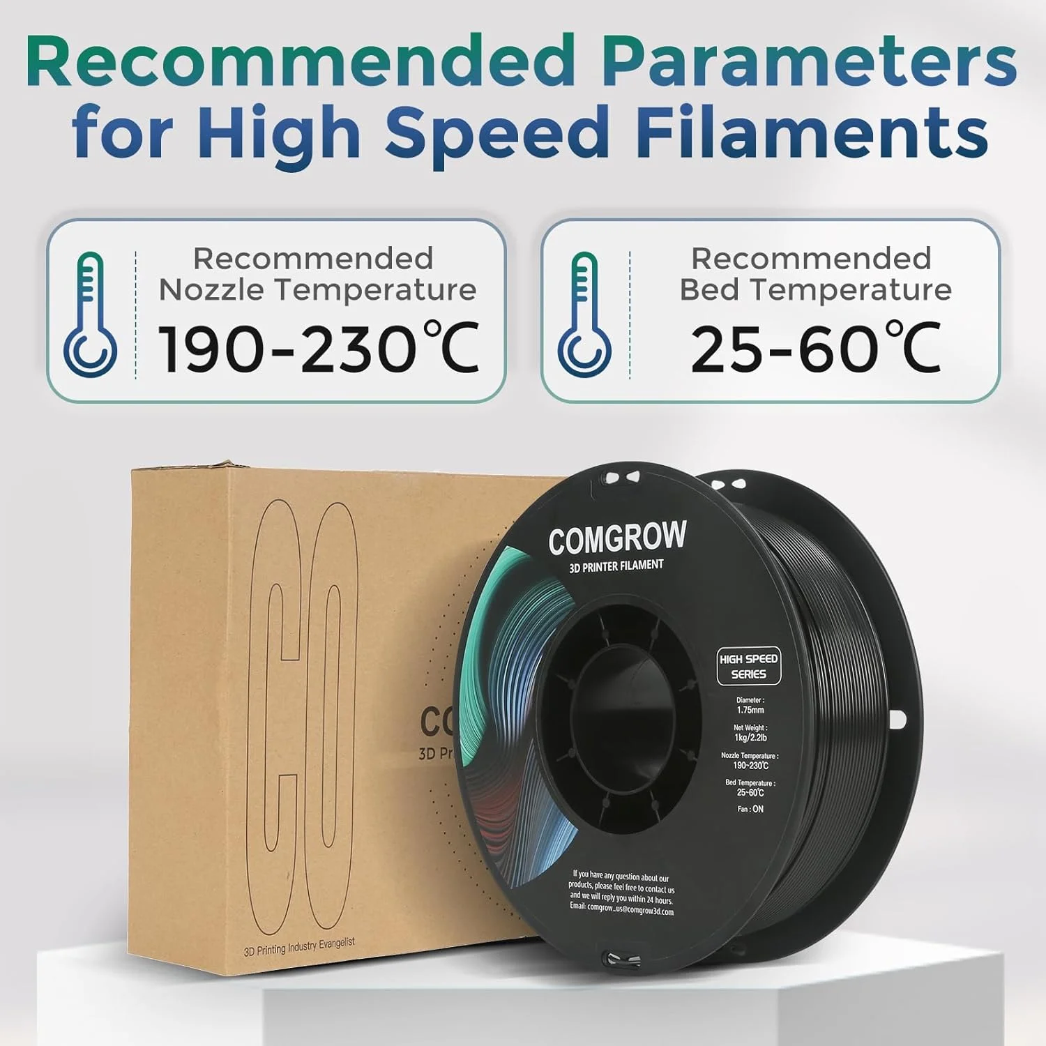 فیلامنت PLA سریع Comgrow، 1.75 میلی متر، چاپ با سرعت بالا 30-600 میلی متر بر ثانیه، فیلامنت پرینتر سه بعدی PLA با سرعت بالا برای چاپ سریع، 1 کیلوگرم (2.2 پوند)، دقت ابعادی +/- 0.02 میلی متر مشکی