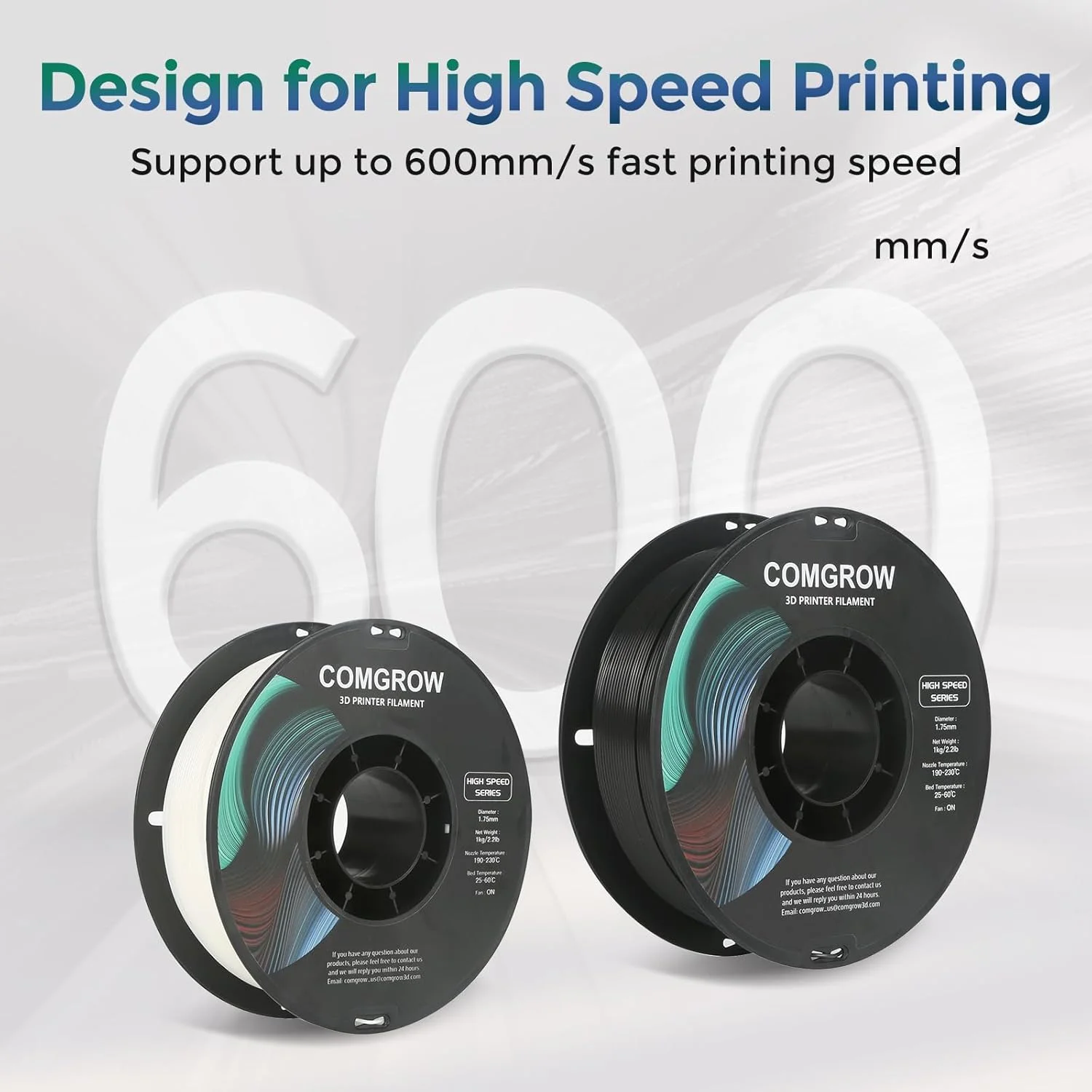 فیلامنت PLA سریع Comgrow، 1.75 میلی متر، چاپ با سرعت بالا 30-600 میلی متر بر ثانیه، فیلامنت پرینتر سه بعدی PLA با سرعت بالا برای چاپ سریع، 1 کیلوگرم (2.2 پوند)، دقت ابعادی +/- 0.02 میلی متر خاکستری