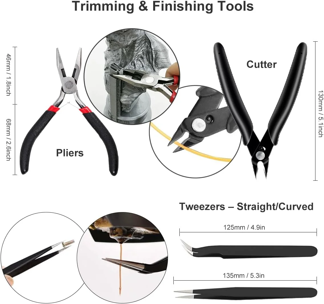 مجموعه ابزار چاپ سه بعدی 93 تکه، ابزار کامل پرینتر سه بعدی، لوازم جانبی پرینتر سه بعدی (ابزار پرداخت، ست چاقوی هنری، دریل، ست پیچ گوشتی و ...) برای برداشتن، صاف کردن، پرداخت، حکاکی، نگهداری