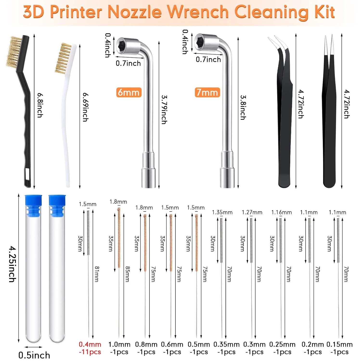 مجموعه تمیز کننده نازل پرینتر سه بعدی شامل سوزن های استیل و نازل های MK8 در اندازه های مختلف سازگار با Makerbot Creality CR-10 Ender 3 5 (50 قطعه)