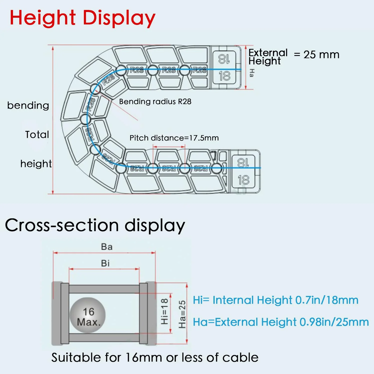 محافظ کابل زنجیری با نویز کم 18mmx18mm (ارتفاع x عرض) برای پرینتر سه بعدی و دستگاه CNC، زنجیر کابل انعطاف پذیر R28، بازشو از داخل و خارج محافظ کابل زنجیری با نویز کم 18mmx18mm (ارتفاع x عرض) برای پرینتر سه بعدی و دستگاه CNC، زنجیر کابل انعطاف پذیر R28، بازشو از داخل و خارج