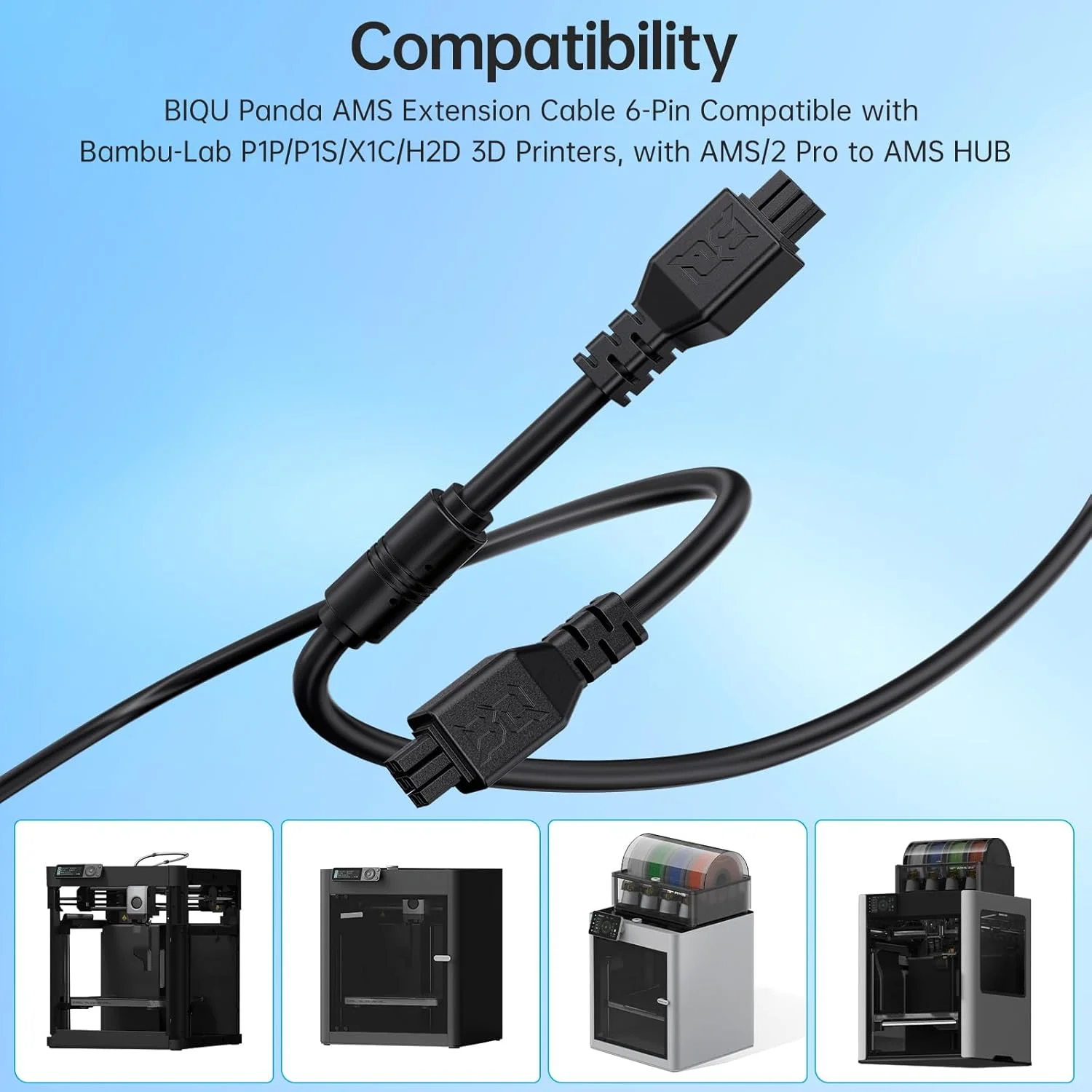 کابل افزایش طول 6 پین 2 متری BIQU Panda AMS/2 Pro به همراه لوله افزایش طول PTFE با قطر داخلی 2.5 میلی‌متر و قطر خارجی 4 میلی‌متر برای اکسترودر Direct Drive، سازگار با پرینترهای سه بعدی Bambu-Lab P1P/P1S/X1C